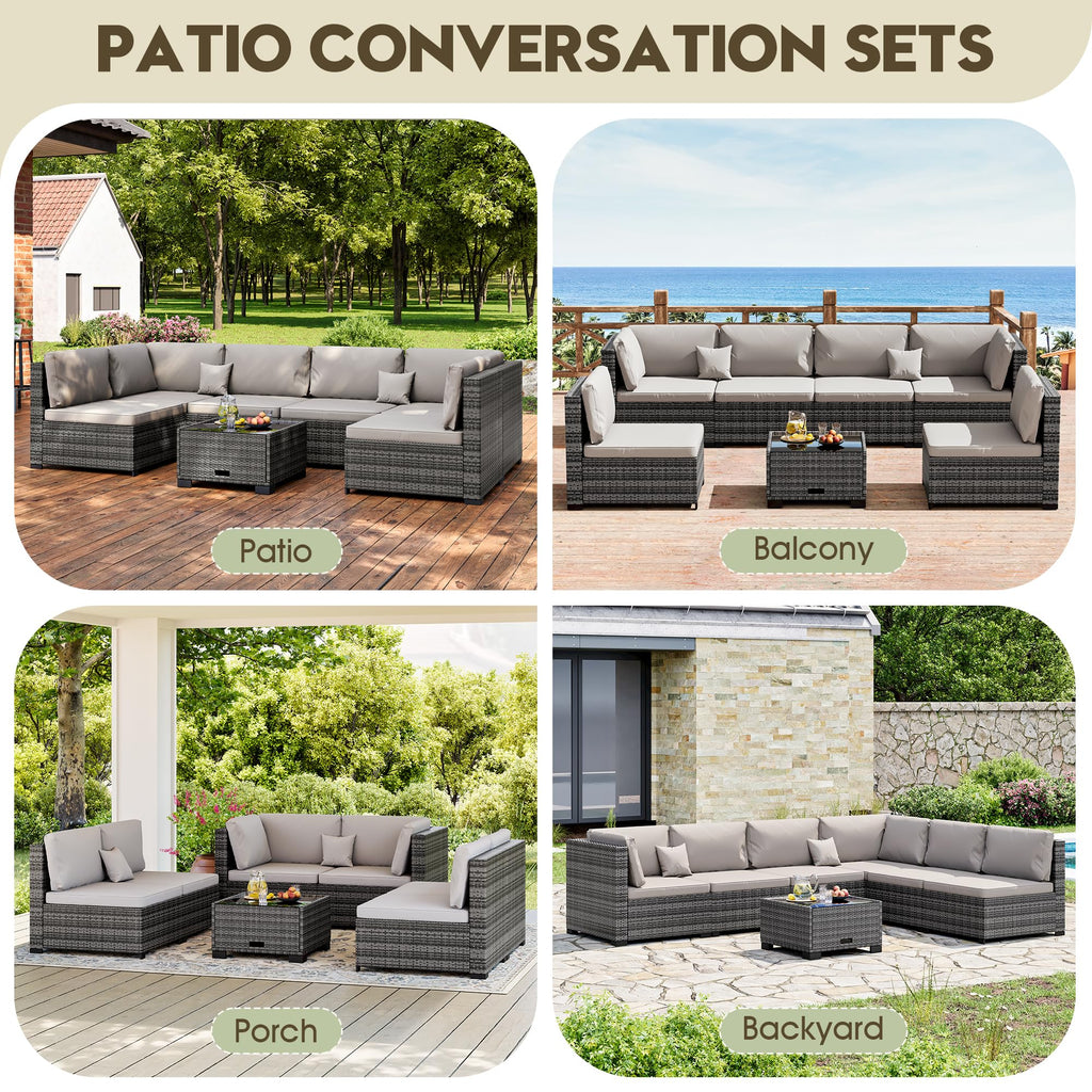 LHBcraft 7 Piece Patio Outdoor Furniture Set, Outdoor Sectional, All-Weather Manual Weaving PE Rattan Wicker Patio Sectional Sofa, Rattan Outside Furniture with Black Cushion and Glass Coffee Table