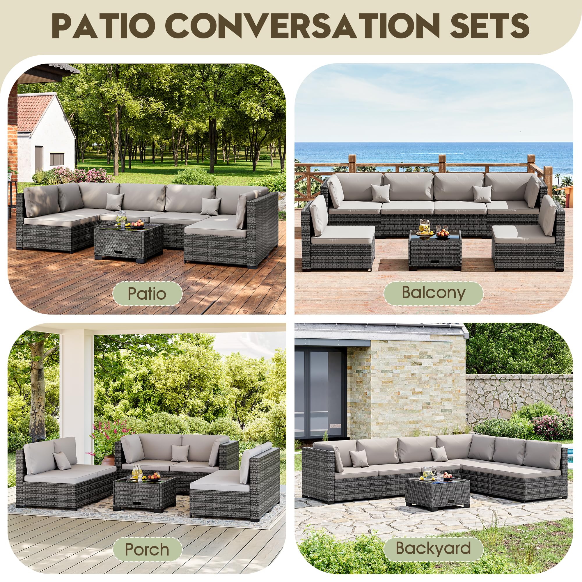 LHBcraft 7 Piece Patio Outdoor Furniture Set, Outdoor Sectional, All-Weather Manual Weaving PE Rattan Wicker Patio Sectional Sofa, Rattan Outside Furniture with Black Cushion and Glass Coffee Table
