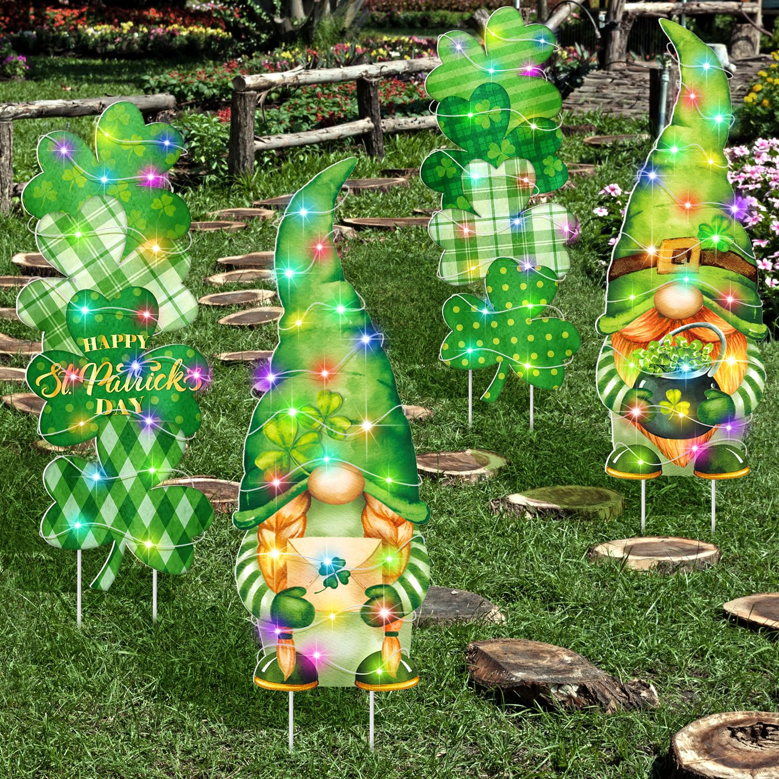 Bencailor 4 Set 4th of July Yard Signs LED 250th Anniversary Patriotic Outdoor Lawn Decor Waterproof USA Red White and Blue Yard Stakes for Independence Day(Green,St. Patrick's Day)