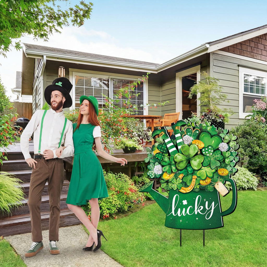 Metal St Patricks Day Decoration Outdoor Green Shamrock Leprechaun Yard Sign Stake 14.2 Inches Welcome Irish Mason Jar Yard Decor Clover Lawn Decor for Home Garden Patio Lawn