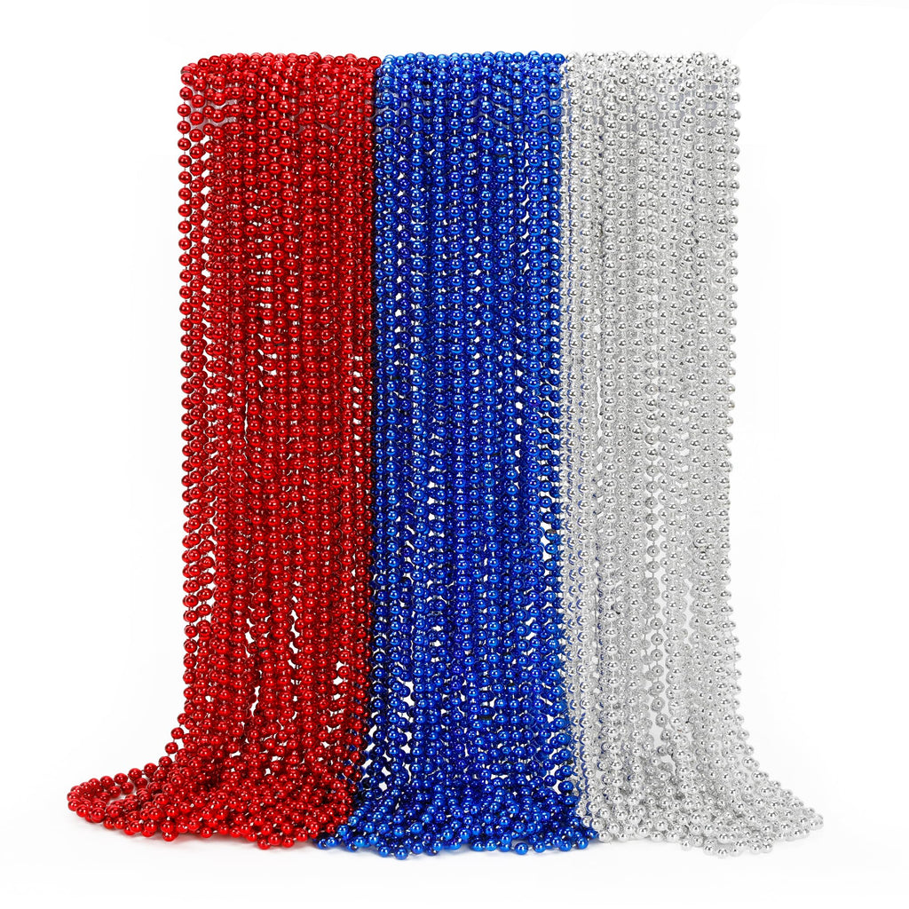 4th of July Party Favors, 12PCS 250th Anniversary Patriotic Necklaces Bulk, Fourth of July Red Blue Silver Beads Necklace, Independence Day Beads Bulk for Parade Party Celebration Favors Decorations