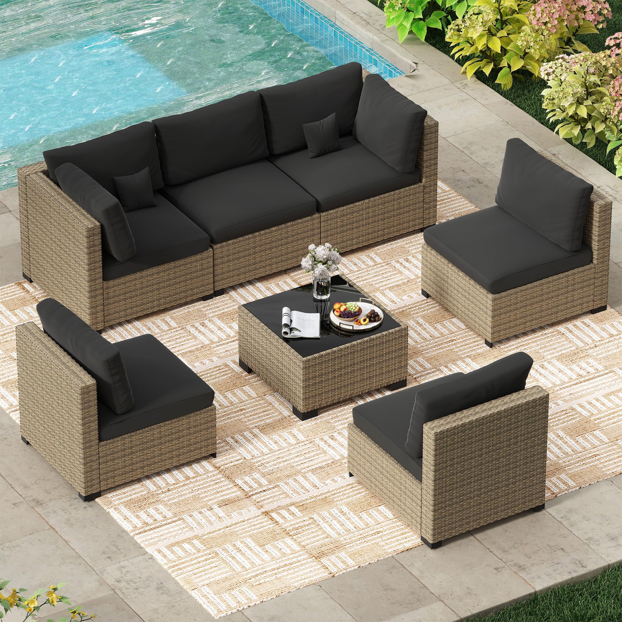 LHBcraft 7 Piece Patio Outdoor Furniture Set, Outdoor Sectional, All-Weather Manual Weaving PE Rattan Wicker Patio Sectional Sofa, Rattan Outside Furniture with Black Cushion and Glass Coffee Table