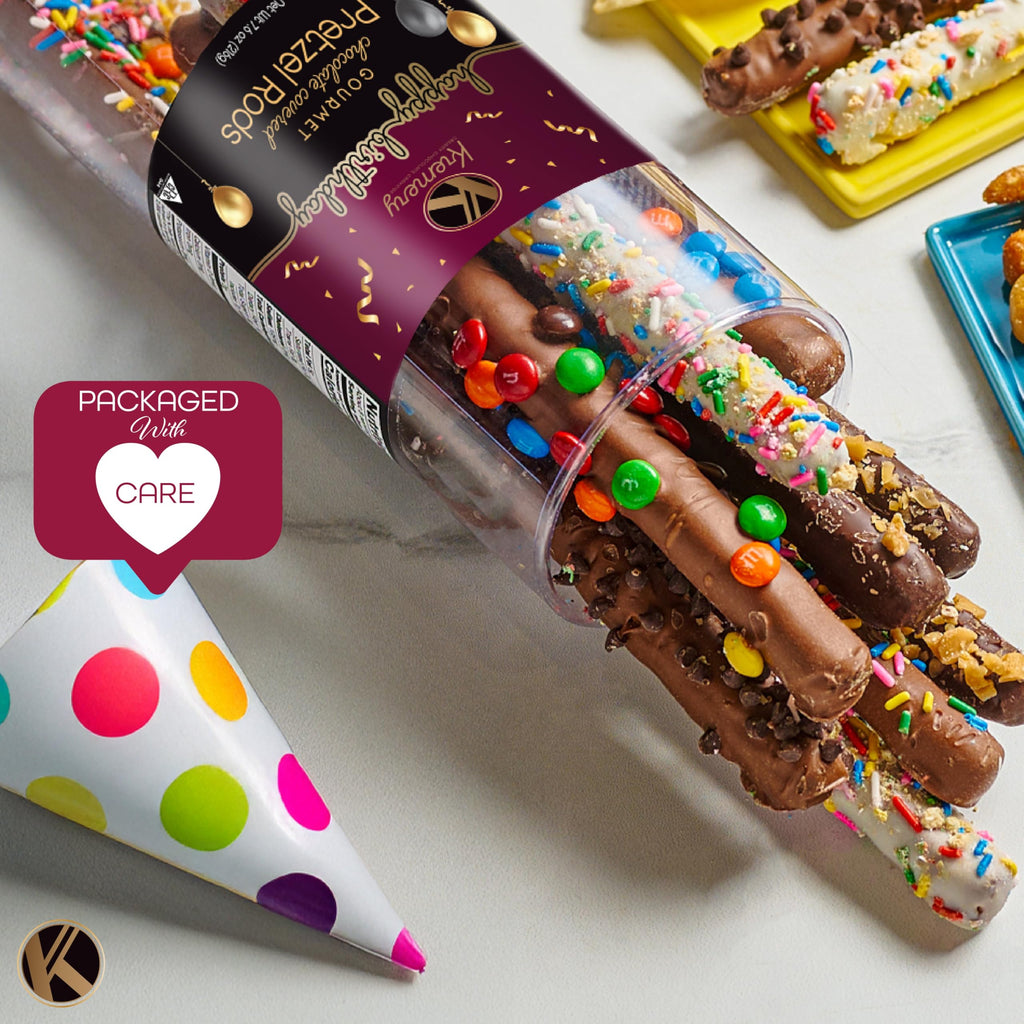KREMERY Creamy Chocolate Cravings - Fathers Day Treats, Gift For Dad, Chocolate Covered Pretzel Rods Gift Basket with Candied Toppings (8 Pretzels) Sweet Treats in Clear Tube Kosher