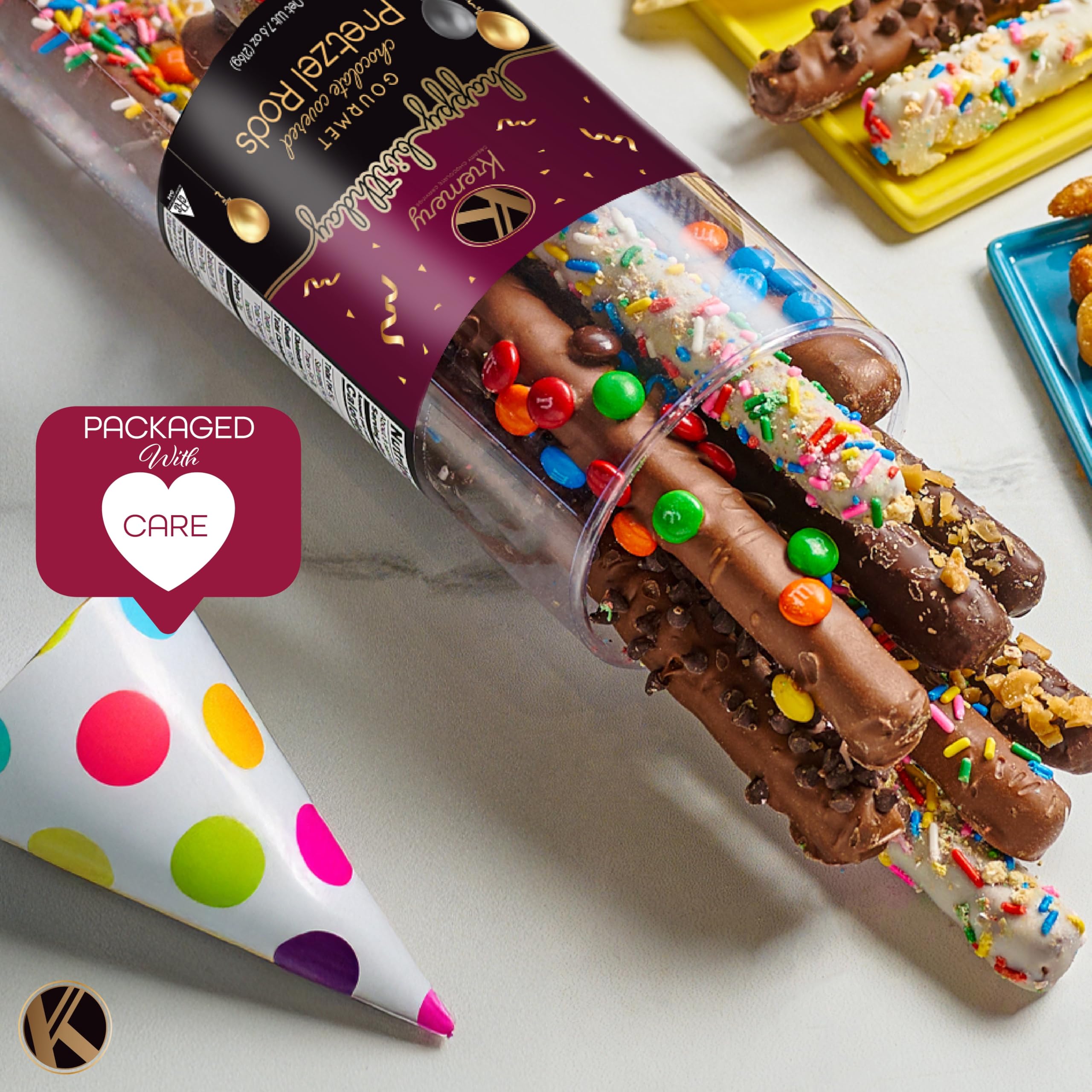 KREMERY Creamy Chocolate Cravings - Fathers Day Treats, Gift For Dad, Chocolate Covered Pretzel Rods Gift Basket with Candied Toppings (8 Pretzels) Sweet Treats in Clear Tube Kosher