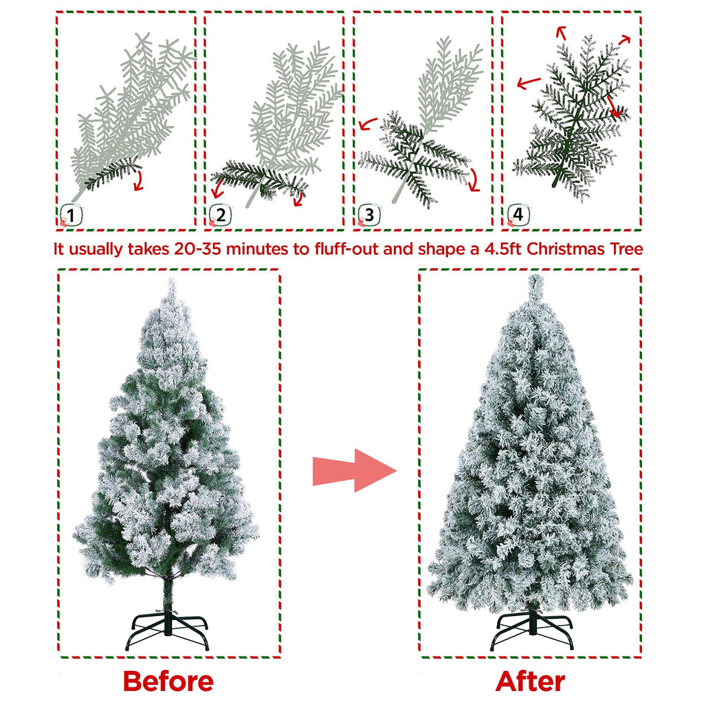 Yaheetech 6ft Snow Flocked Pre-lit Christmas Tree with 250 Warm White Lights, 820 Lush Branch Tips & Quick-Assembly Hinged Design, Full Artificial Xmas Tree for Winter Holiday Décor, Green & White