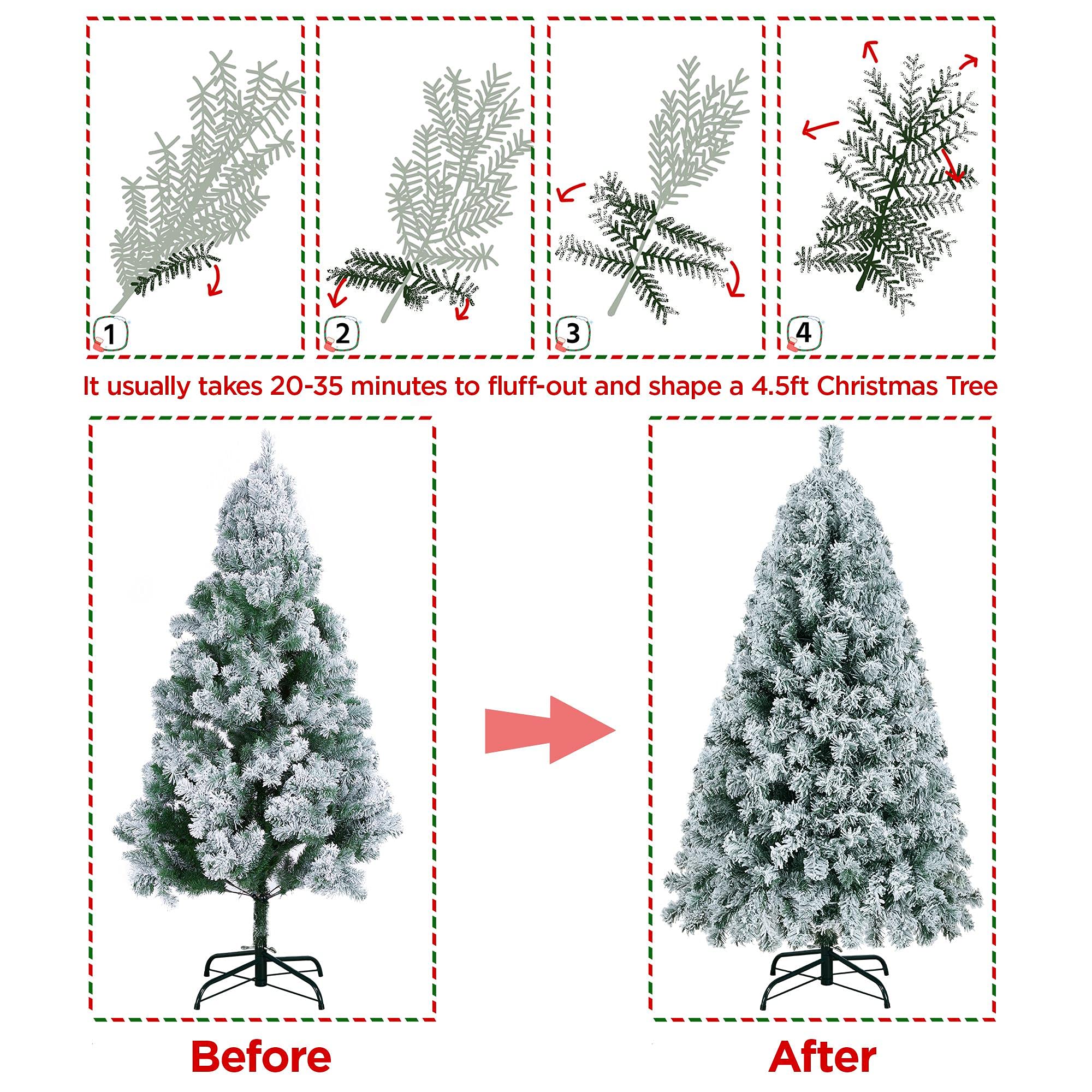 Yaheetech 6ft Snow Flocked Pre-lit Christmas Tree with 250 Warm White Lights, 820 Lush Branch Tips & Quick-Assembly Hinged Design, Full Artificial Xmas Tree for Winter Holiday Décor, Green & White