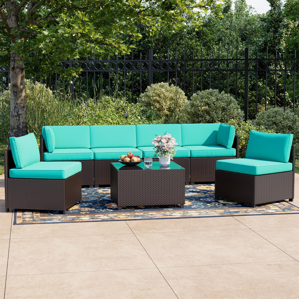 LHBcraft 7 Piece Patio Outdoor Furniture Set, Outdoor Sectional, All-Weather Manual Weaving PE Rattan Wicker Patio Sectional Sofa, Rattan Outside Furniture with Black Cushion and Glass Coffee Table