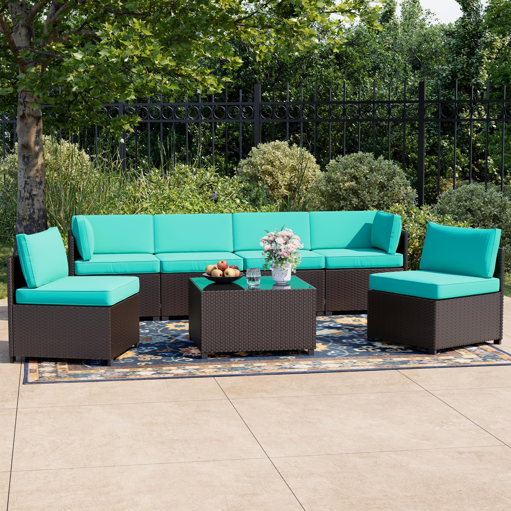 LHBcraft 7 Piece Patio Outdoor Furniture Set, Outdoor Sectional, All-Weather Manual Weaving PE Rattan Wicker Patio Sectional Sofa, Rattan Outside Furniture with Black Cushion and Glass Coffee Table