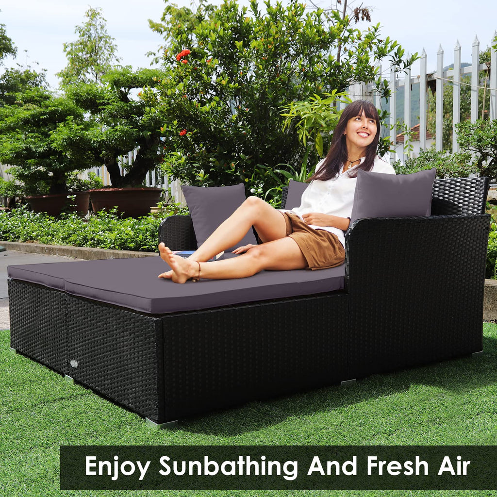 Tangkula Patio Rattan Daybed with Retractable Canopy, Outdoor Wicker Sunbed Lounger with 2 Foldable Side Tables, Thick Seat & Back Cushions, Outside Double Daybed for Garden, Backyard, Porch