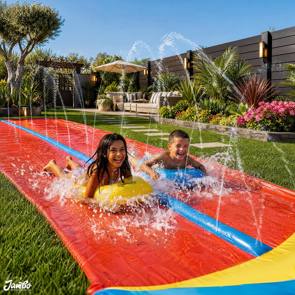JAMBO Premium Triple Water Slide with 3 Bodyboards, 20Ft Heavy Duty Slip Splash and Slides-Advanced 3-Way Sprinkler System, Splash Pad Mat Backyard Summer Outdoor Water Toys n Long Slides for Kids