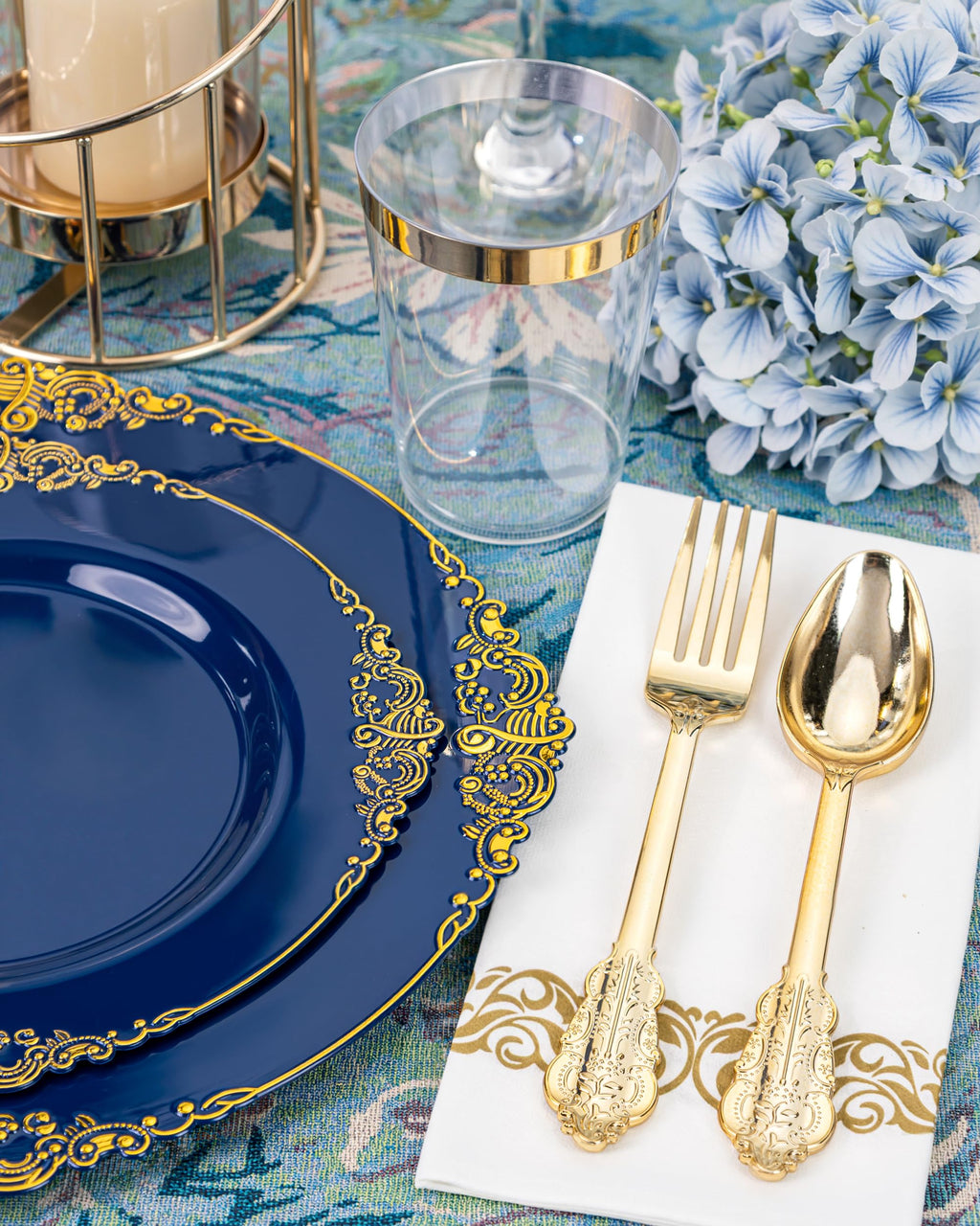 Nervure 175PCS Clear Blue Plastic Plates - Plastic Dinnerware Set Include 25Dinner Plates, 25Dessert Plates, 25Cups, 25Forks, 25Knives, 25Spoons, 25Napkins Perfect for Wedding & Party