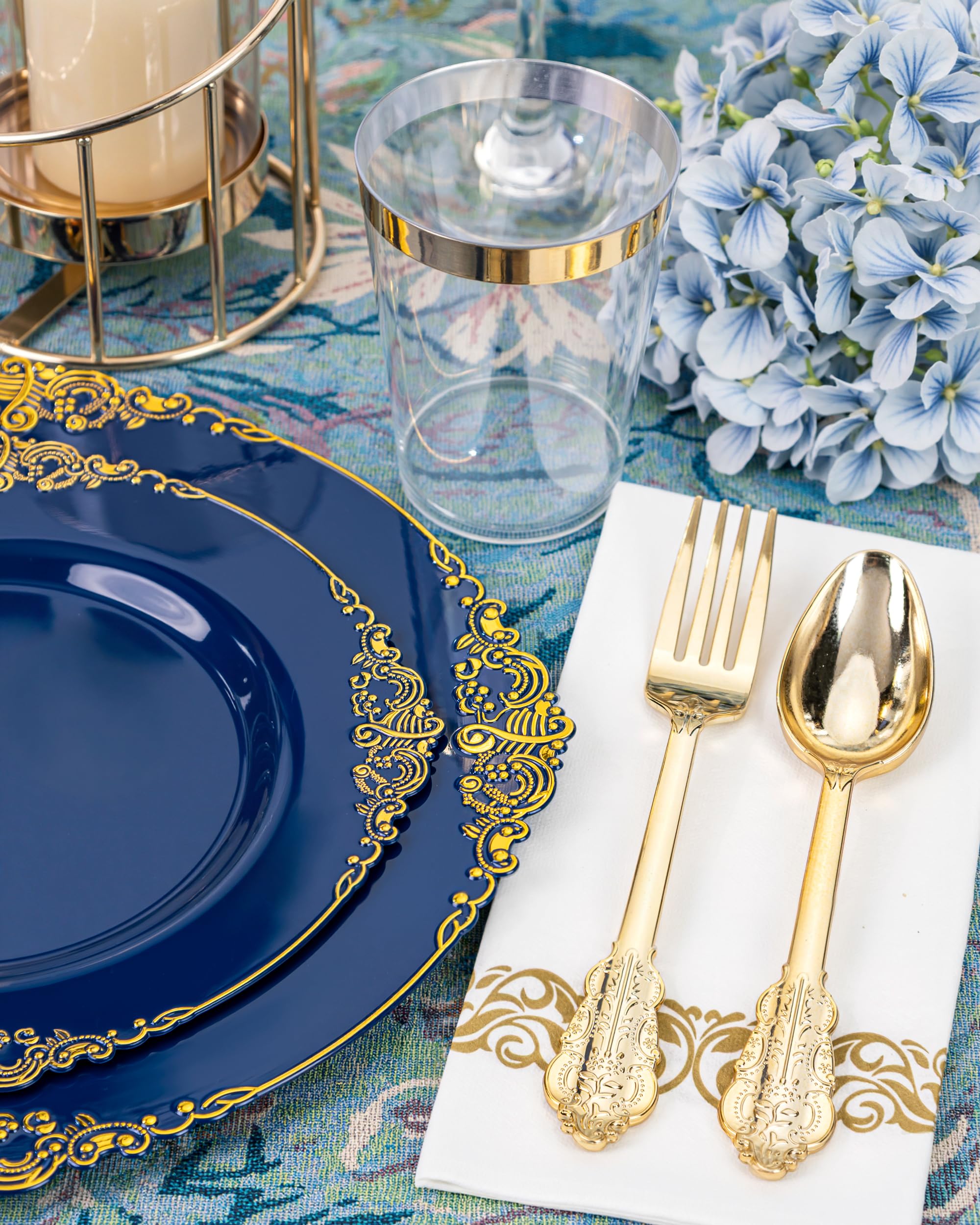 Nervure 175PCS Clear Blue Plastic Plates - Plastic Dinnerware Set Include 25Dinner Plates, 25Dessert Plates, 25Cups, 25Forks, 25Knives, 25Spoons, 25Napkins Perfect for Wedding & Party