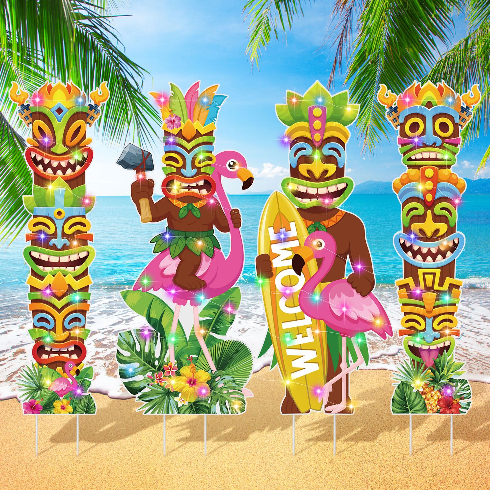 Bencailor 4 Pcs Summer Outdoor Yard Decoration Summer Beach Pool Yard Signs with Stakes LED Hawaiian Themed Party Supplies Beach Ball Surfboard Slipper Decor for Outdoor Lawn Garden Patio