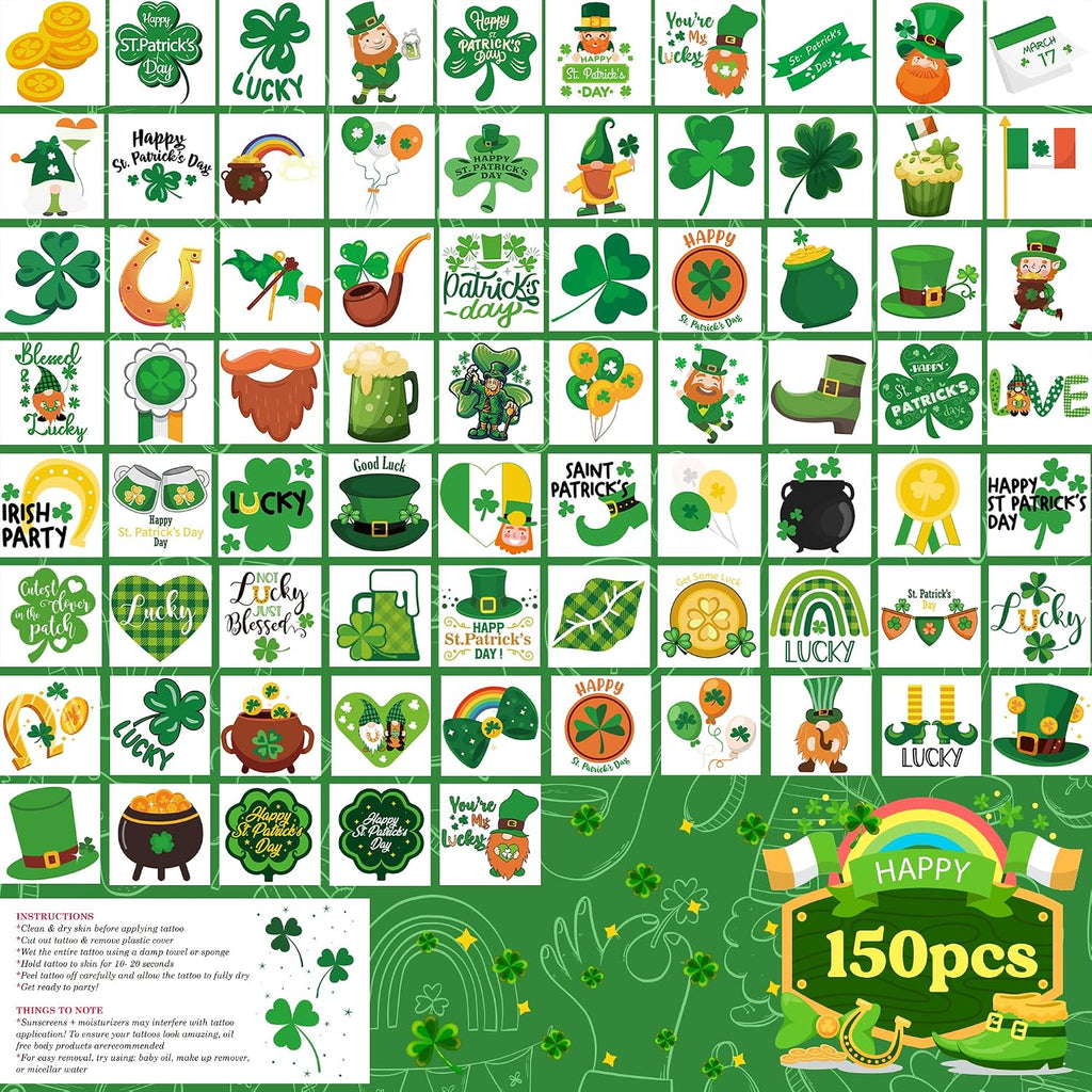 MDDRUIQI 150 Pack St Patricks Day Tattoos - St Patricks Day Accessories - St. Patricks Day Shamrock Decorations Gifts for Kids Stickers Games Toys Crafts Party Favors | St Patricks Day Shirt Women