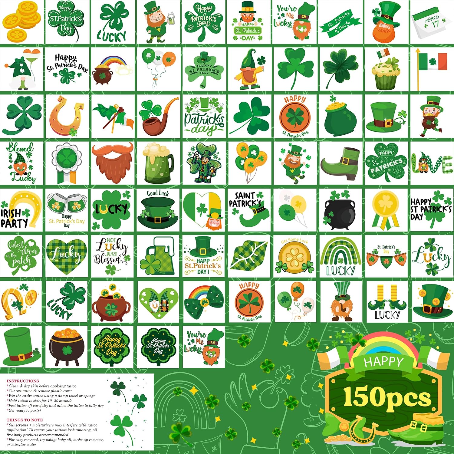MDDRUIQI 150 Pack St Patricks Day Tattoos - St Patricks Day Accessories - St. Patricks Day Shamrock Decorations Gifts for Kids Stickers Games Toys Crafts Party Favors | St Patricks Day Shirt Women