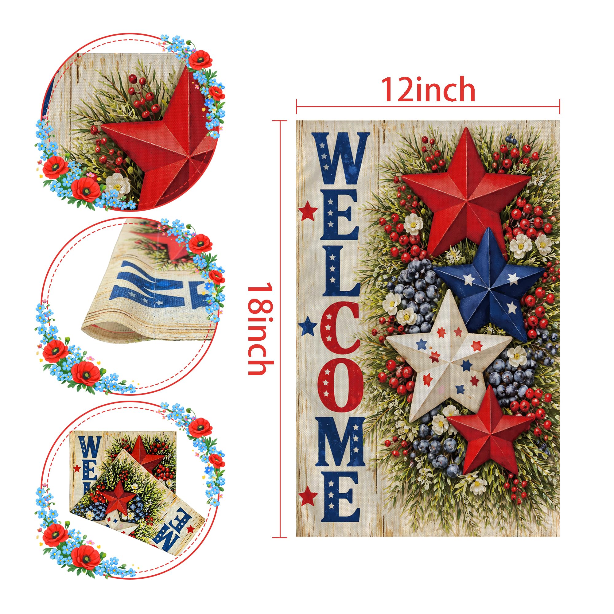 4th of July Decorations - Patriotic Stars Welcome Garden Flag | Double Sided Fourth of July Accessories Patriotic Banner | 250 Anniversary USA Merchandise for Garden Yard Porch Patio Lawn Outdoor Outside Decor