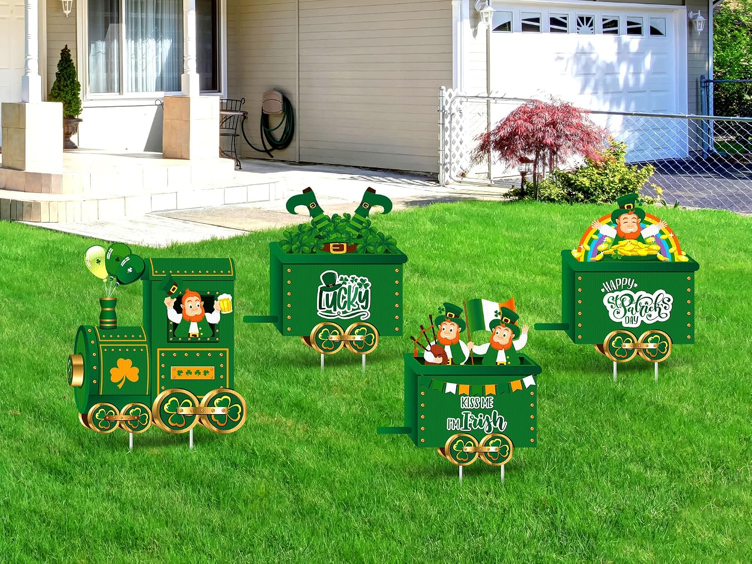 4 Pcs St. Patrick's Day Yard Sign Decorations Train Lawn Outdoor Decor with Stakes Leprechaun Shamrock Balloon Hat Rainbow Sign Irish St Patrick's Day Yard Decor Saint Patty's Day Outdoor Decorations