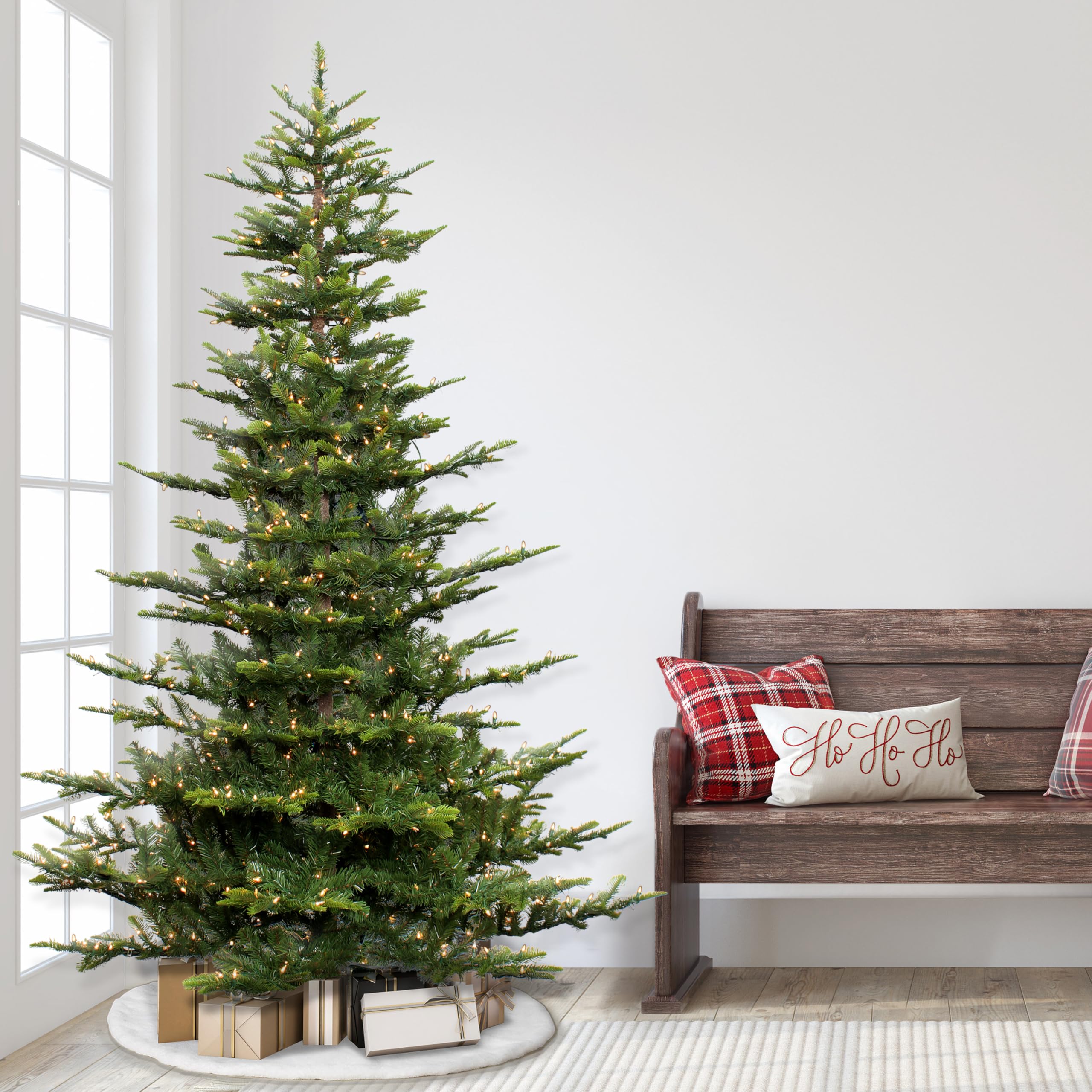 Puleo International 7.5ft Pre-Lit Aspen Fir Artificial Christmas Tree with 700 Clear Lights, 1319 Realistic Dense Branch Tips, Easy Setup Artificial Trees with Sturdy Metal Stand