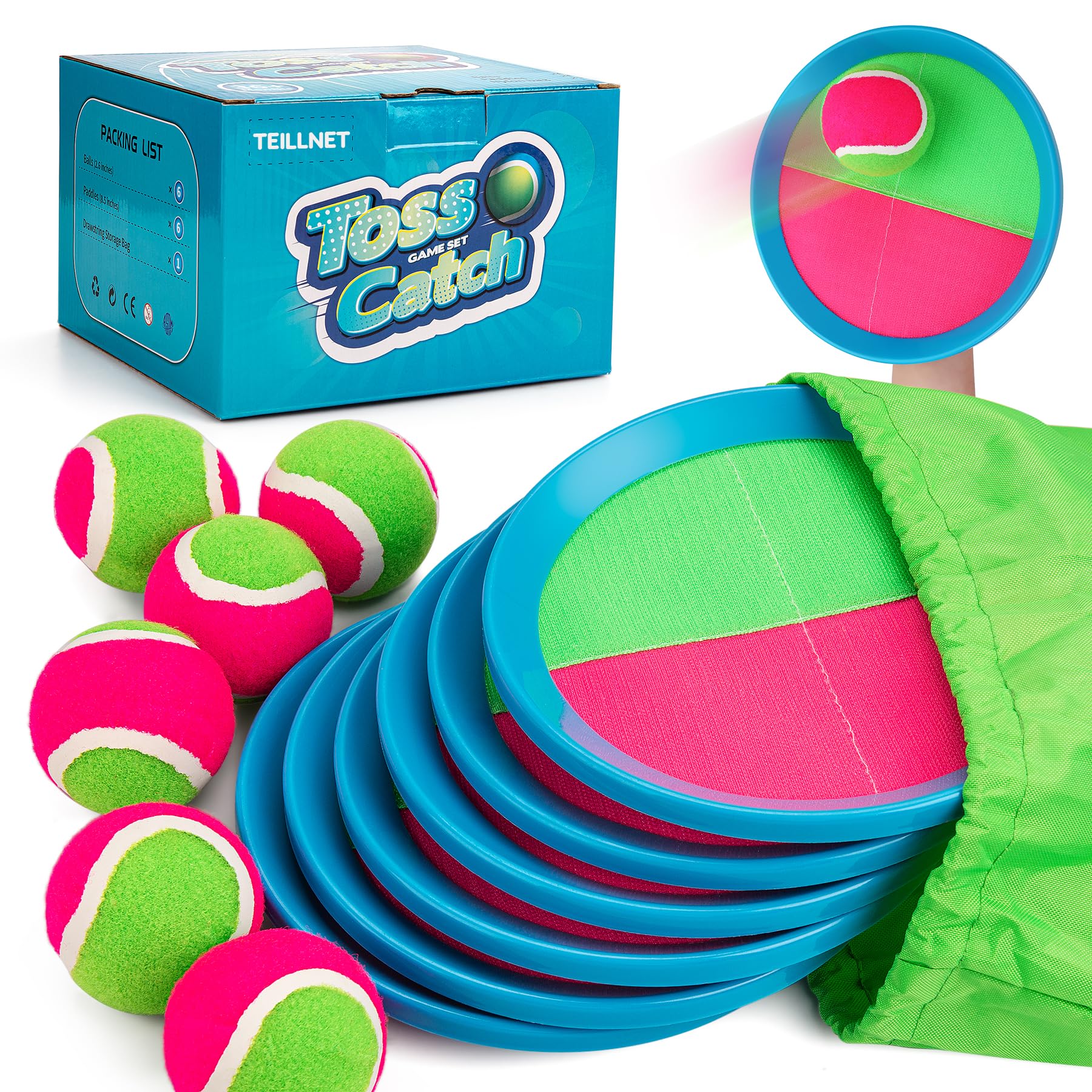 TEILLNET Toss and Catch Ball Set Upgraded - Kids Toys Beach Toys Baseball Games - Sturdy & Water-Resistant for Outdoor Pool Yard Games - Classic Gift for Boys Girls 3 4 5 6 7 8 9 10 11 12+ Years