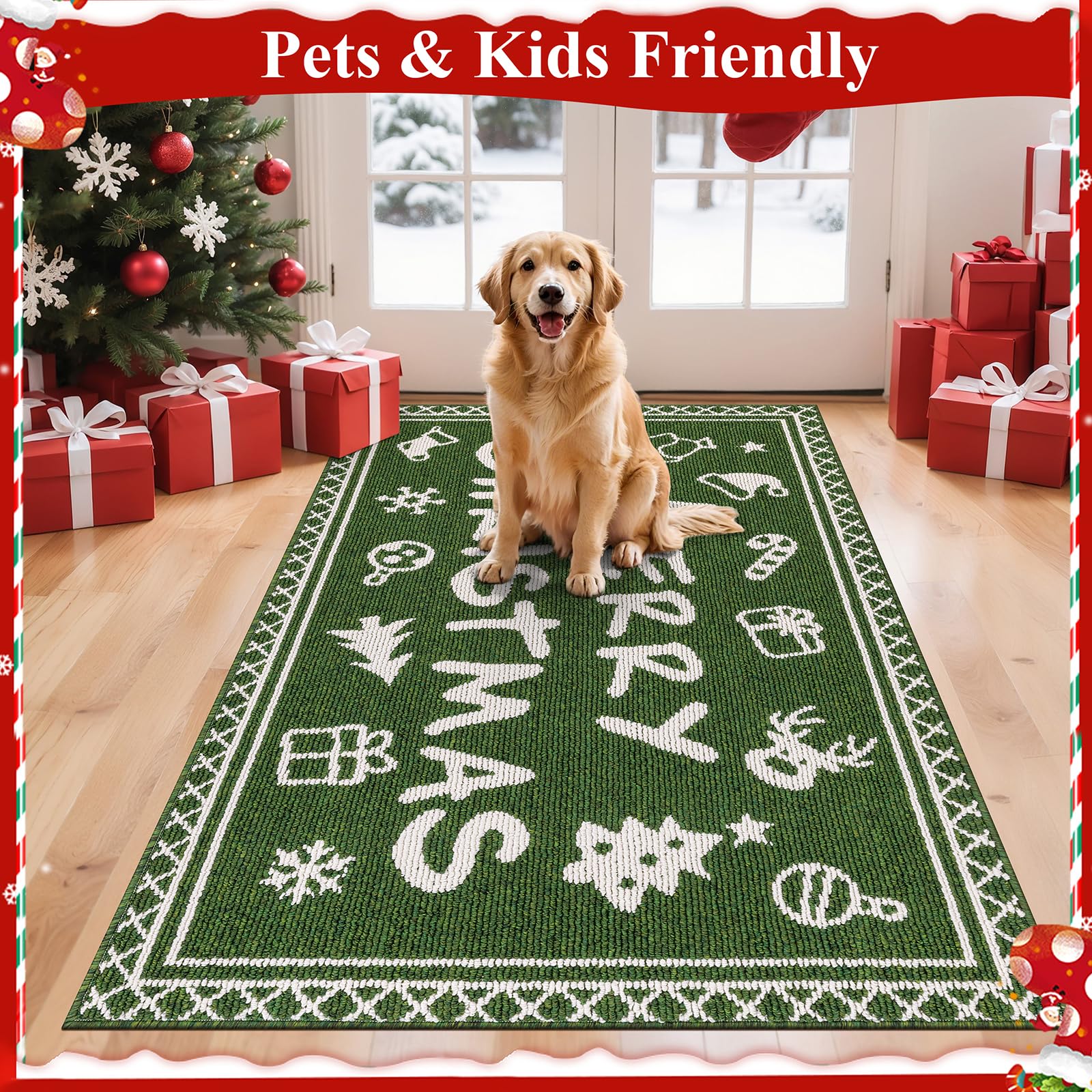 Ileading Christmas Entrance Door Mat, Absorbent Dog Mats for Muddy Paws, Low-Profile Small Red Xmas Decor Kitchen Runner Rug with Non-Slip Backing, Machine Washable Entryway Welcome Mat(Red 24"X36")