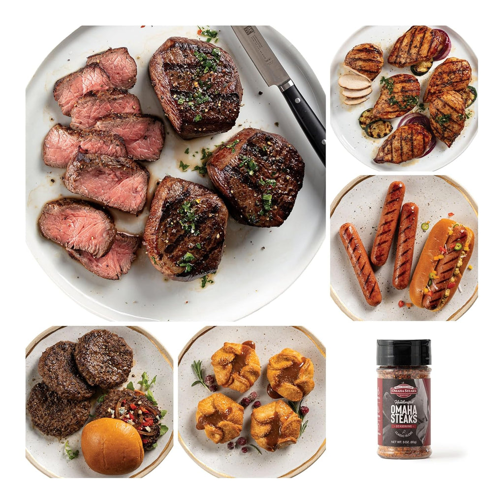 Omaha Steaks Freezer Filler, Gift-Ready or Stock Up, 25 items, 20 entrees - 4 Butcher's Cut Top Sirloins, 4 Air-Chilled Boneless Chicken Breasts, 8 Omaha Steaks Burgers, 4 Gourmet Jumbo Franks, 4 Caramel Apple Tartlets, 1 jar Omaha Steaks Seasoning