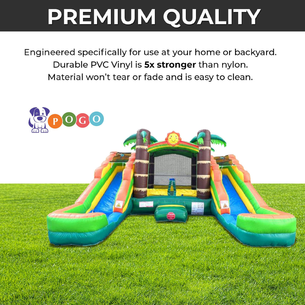 Crossover Tropical Double Water Slide Bounce House Combo, 16.5 x 15 x 11 Foot, PVC Vinyl Inflatable Bouncy House for Kids, Wet or Dry Slides, with Stakes, Storage Bag and 1 HP Blower