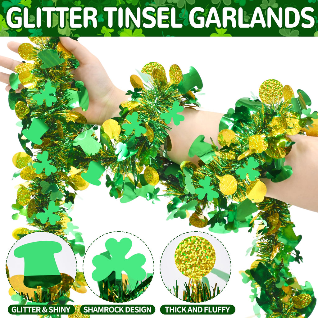 50FT St. Patrick's Day Tinsel Garland Shamrock Hat Green Gold Metallic Tinsel Twist Garland for Irish Saint Patricks Day Party Home Decor Indoor Outdoor Decoration