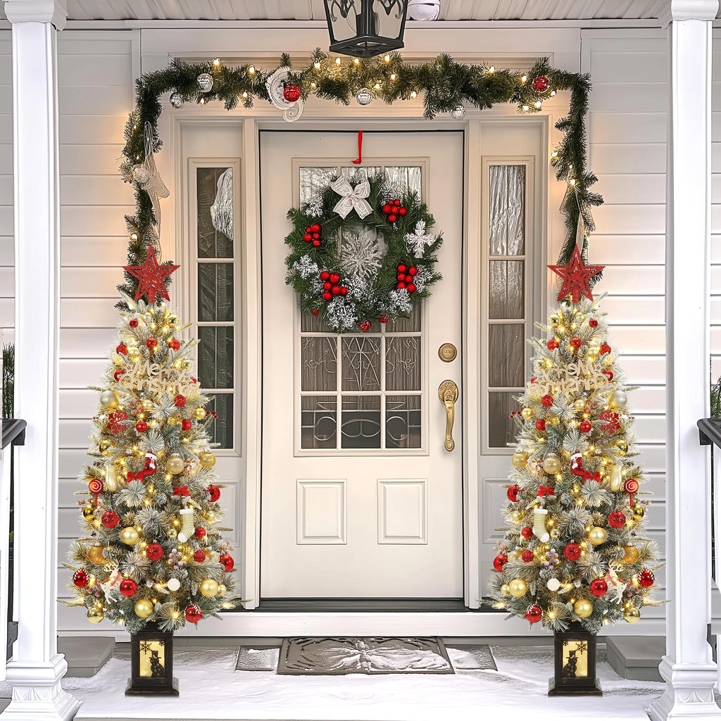 3FT Prelit Premium Snow Flocked Artificial Christmas Tree with Warm White LED, Mini Prelit Xmas Pine Tree for Christmas Decoration,Yard,Home,Office,Outdoor,Indoor,8 Mode Snowflake White Base- 1PC