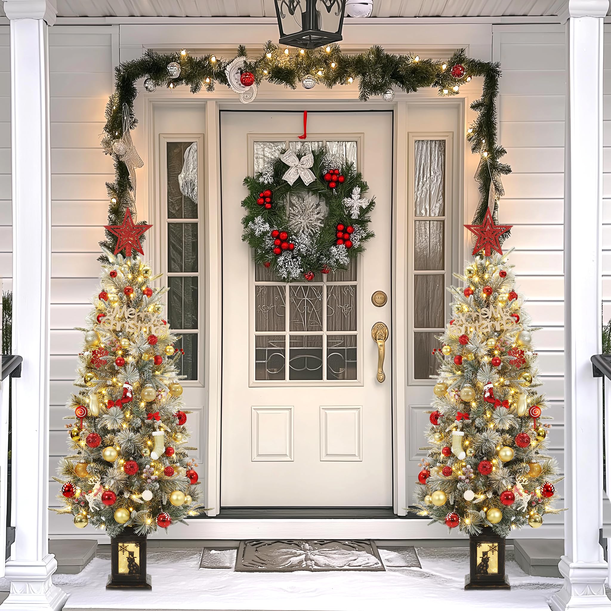3FT Prelit Premium Snow Flocked Artificial Christmas Tree with Warm White LED, Mini Prelit Xmas Pine Tree for Christmas Decoration,Yard,Home,Office,Outdoor,Indoor,8 Mode Snowflake White Base- 1PC