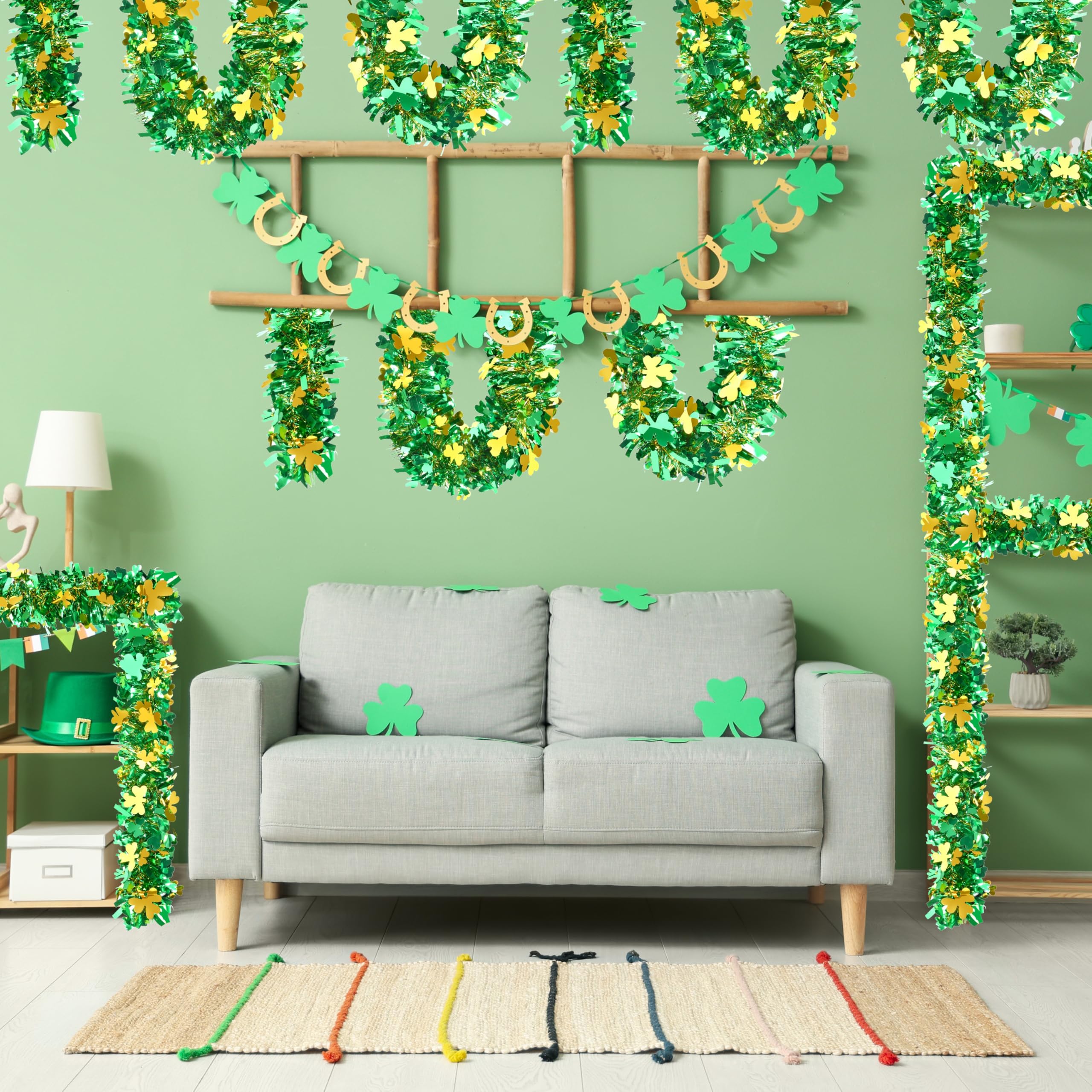 50FT St. Patrick's Day Tinsel Garland Shamrock Hat Green Gold Metallic Tinsel Twist Garland for Irish Saint Patricks Day Party Home Decor Indoor Outdoor Decoration