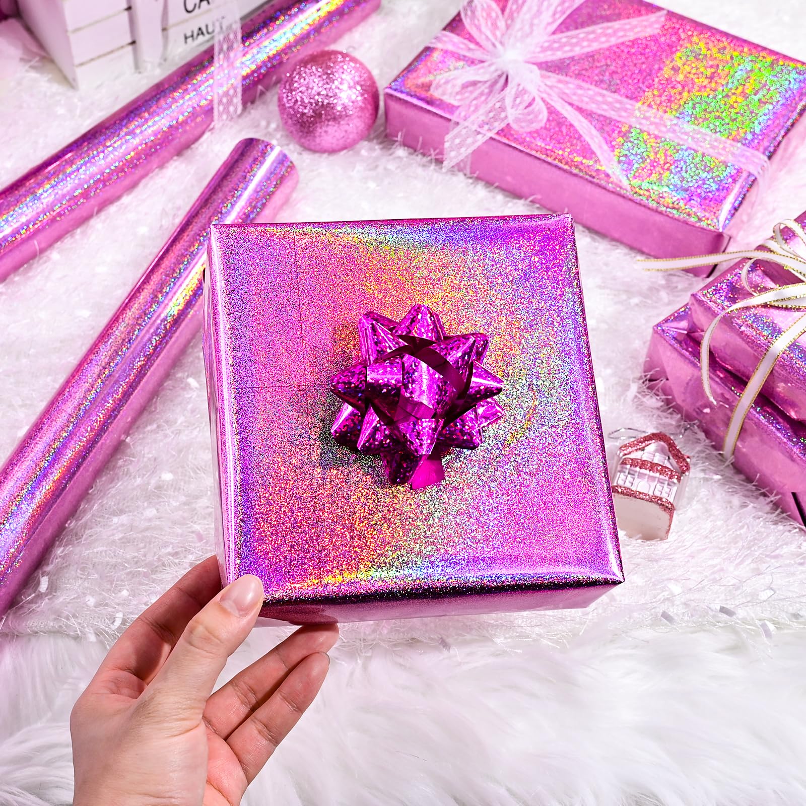 Burymento Black Wrapping Paper Roll, Metallic Holographic Stripe Gift Wrap for Birthday, Valentines, Mothers day, Graduation, Wedding, Fathers day, Baby Shower, Christmas (17 IN x 32.8 FT)