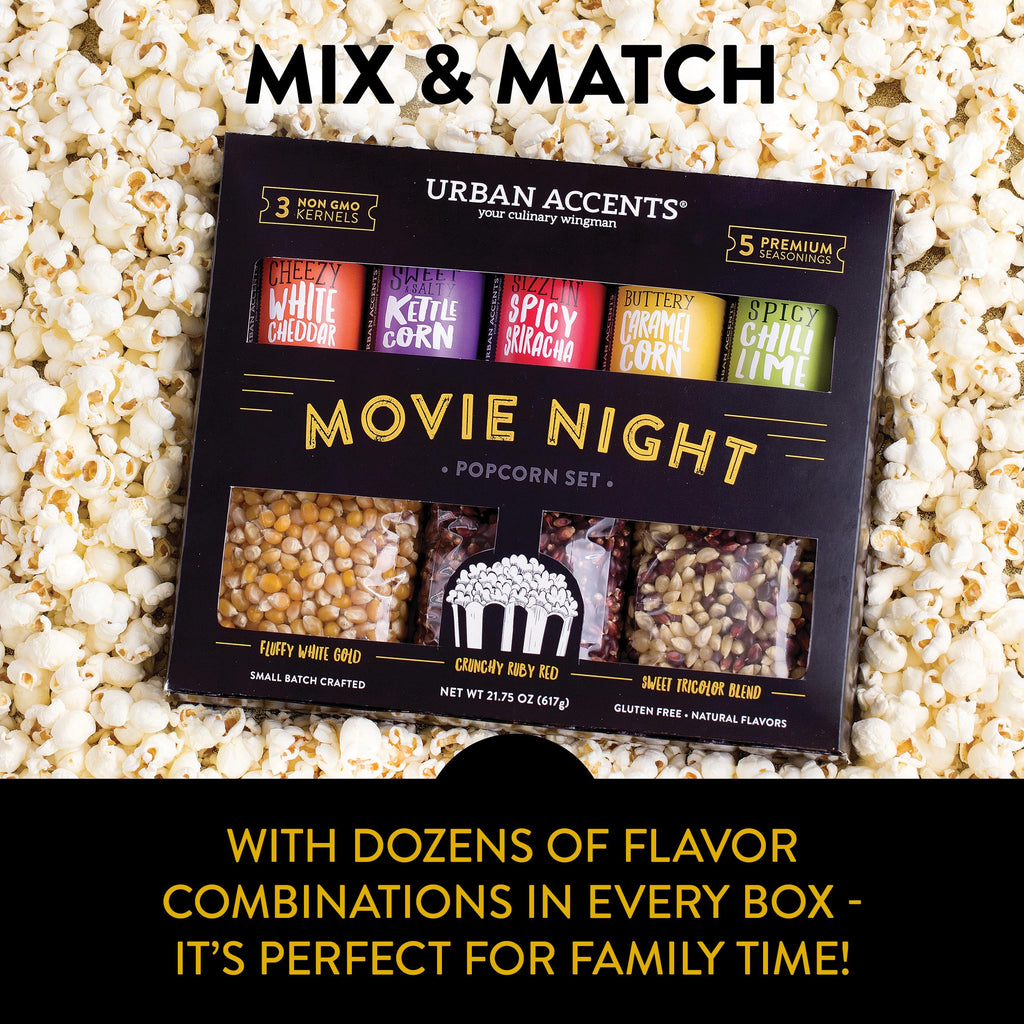 Urban Accents Movie Night Small-Batch Popcorn Gift Set – Includes 3 Gourmet non-GMO Popcorn Kernel Varieties & 5 Flavorful Seasonings – Perfect Snack Gift Box for Parties, Father's Day, Graduations and Movie Lovers