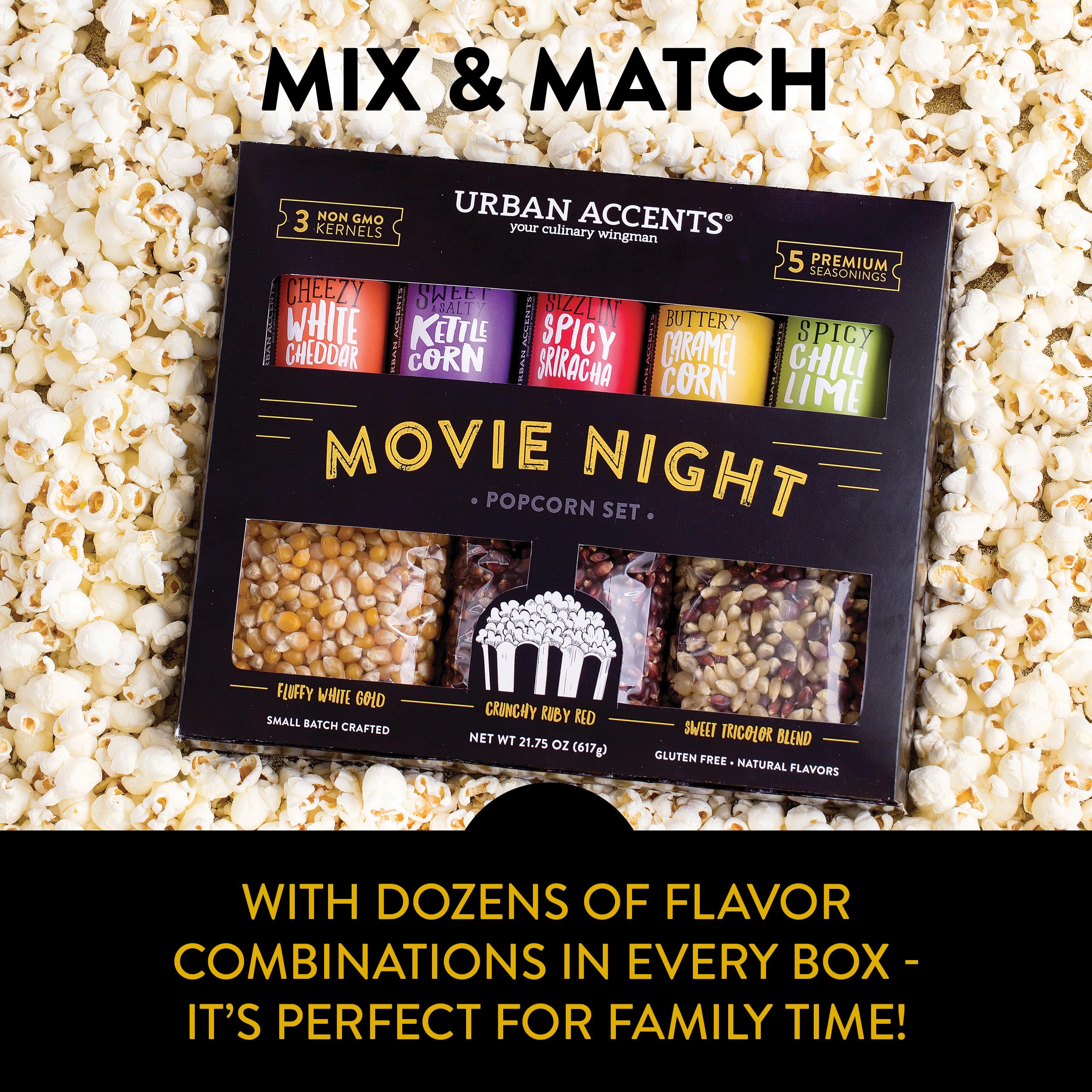 Urban Accents Movie Night Small-Batch Popcorn Gift Set – Includes 3 Gourmet non-GMO Popcorn Kernel Varieties & 5 Flavorful Seasonings – Perfect Snack Gift Box for Parties, Father's Day, Graduations and Movie Lovers
