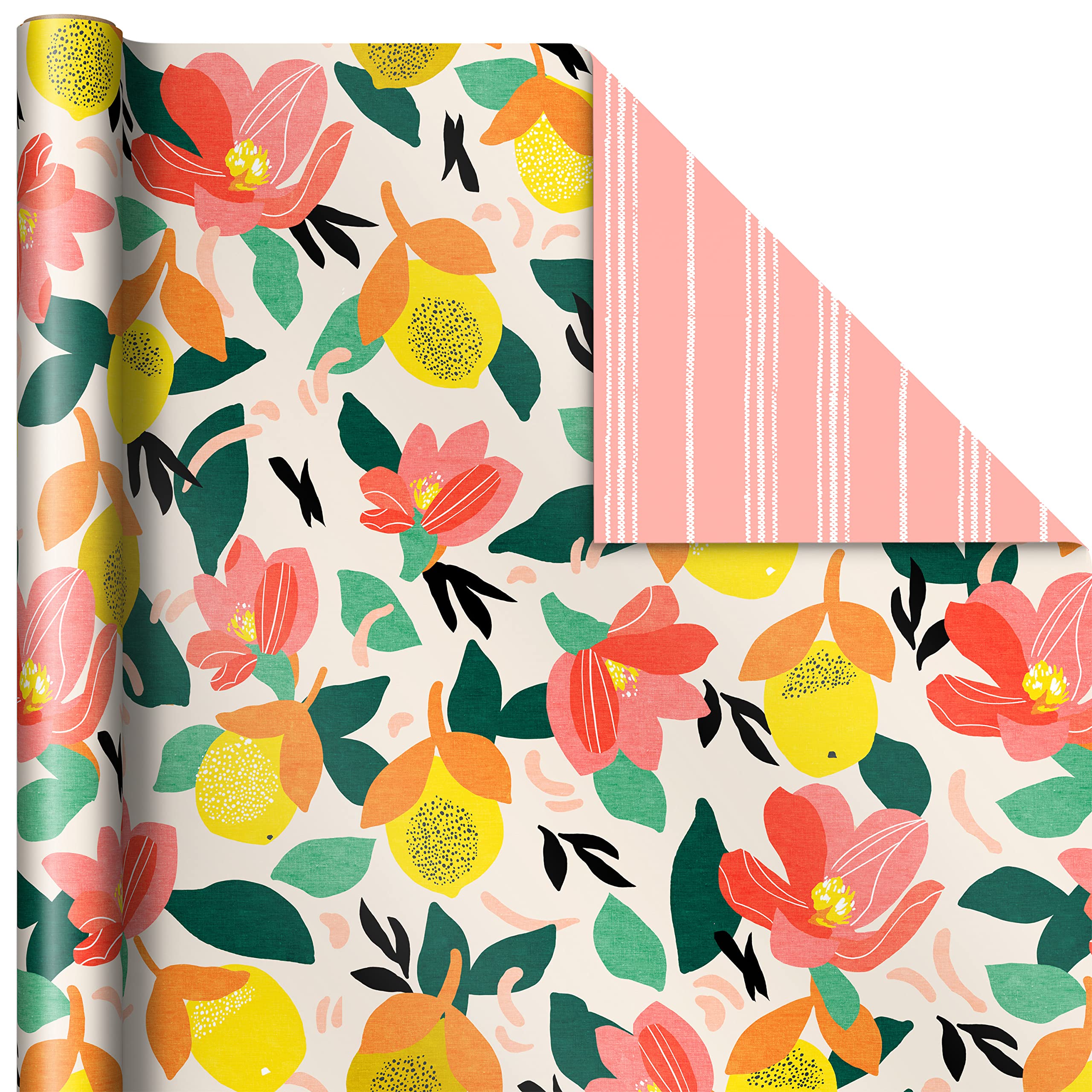 Hallmark Reversible Spring Wrapping Paper (3 Rolls: 75 Sq. Ft. Ttl) Floral, Lemons, Bright Abstract for Easter, Birthdays, Mother's Day, Bridal Showers, Baby Showers