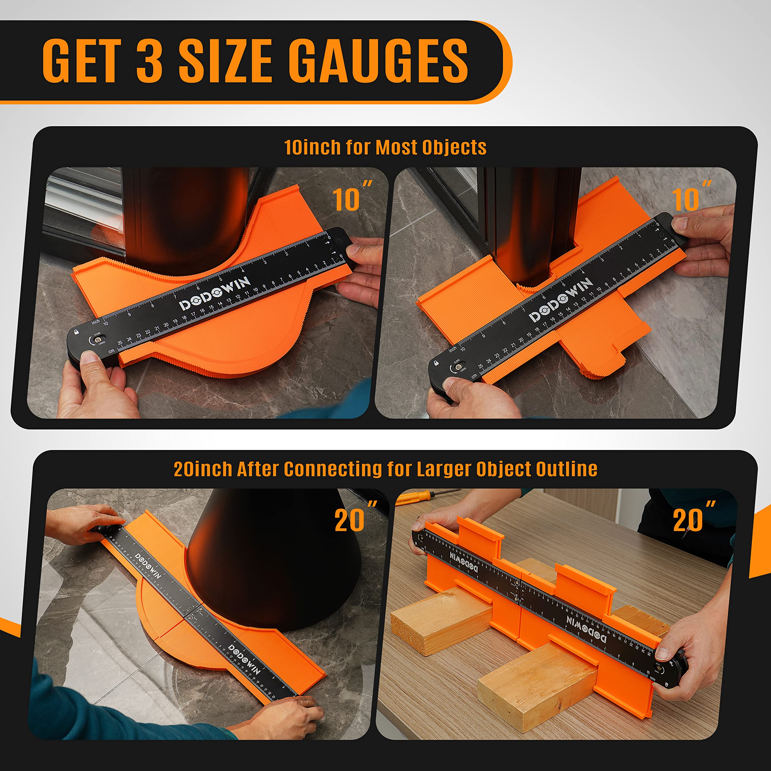 DODOWIN 10+5 Inch Contour Gauge with Lock, Dual Size Profile Duplicator Tool for Flooring, Tile, Woodworking & Irregular Shapes, Shape Outline Gauge, Father’s Day Gifts for Dad Men Husband