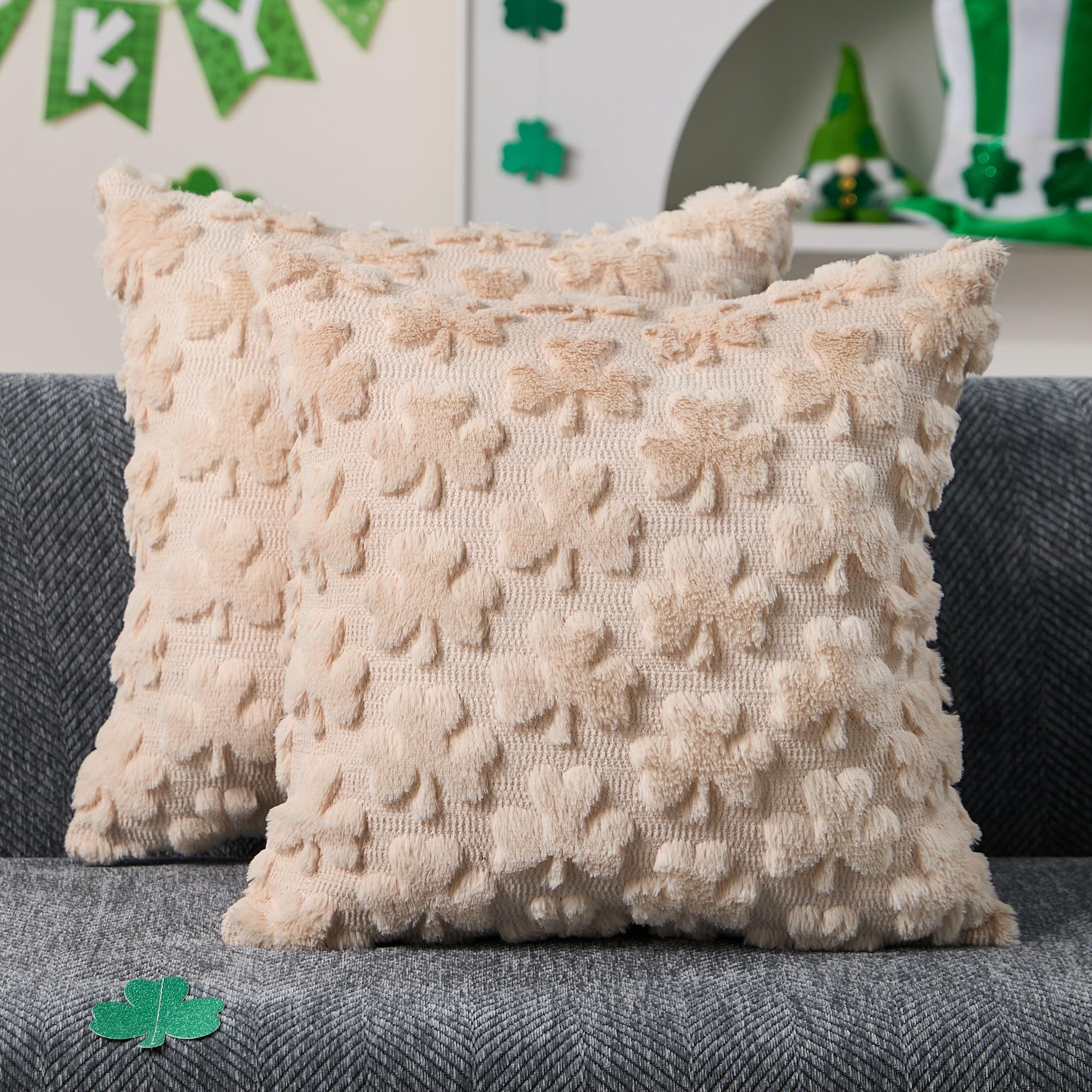 DFXSZ St Patricks Day Pillow Covers 18x18 inch Set of 2 St Patricks Day Decorations Green Shamrock Soft Plush Faux Fur Jacquard Throw Pillows for Bedroom Sofa Holiday Festivals Home Decor PTK021A18