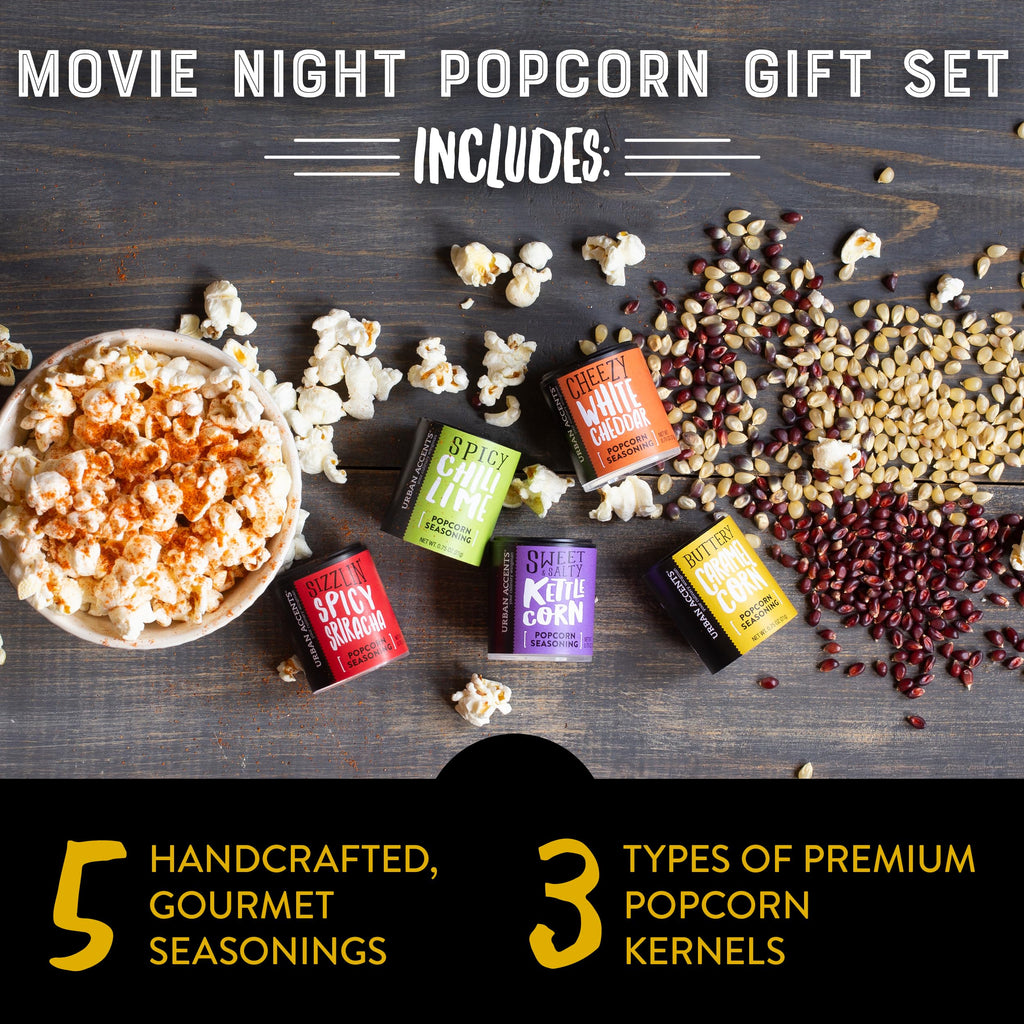 Urban Accents Movie Night Small-Batch Popcorn Gift Set – Includes 3 Gourmet non-GMO Popcorn Kernel Varieties & 5 Flavorful Seasonings – Perfect Snack Gift Box for Parties, Father's Day, Graduations and Movie Lovers