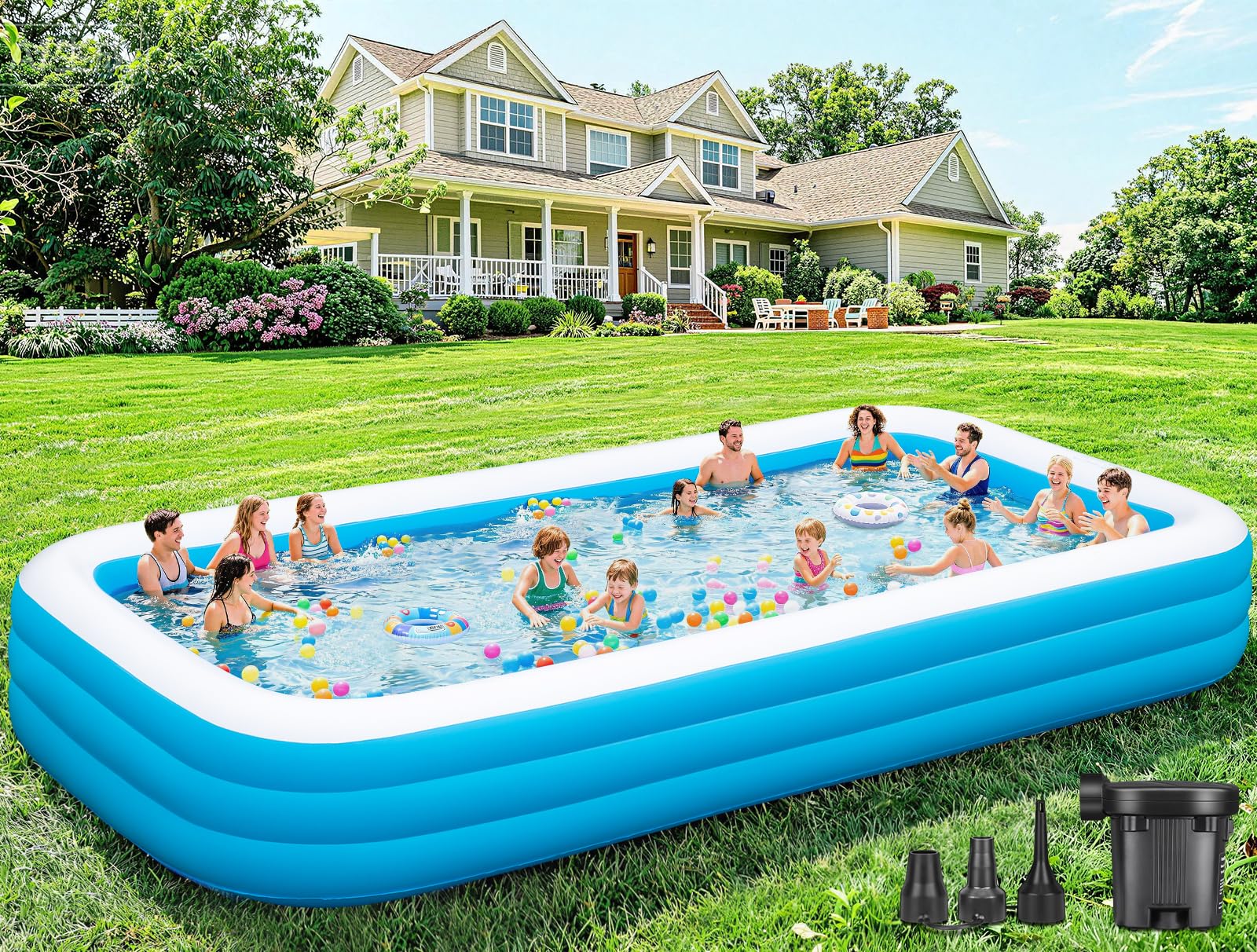 Extra Large Inflatable Pool for Adults, 165"x76"x22" Full-Sized Blow Up Pool with 0.6mm PVC & Cute Animal Print, Big Family Swimming Pool for Backyard Outdoor Summer Water Party
