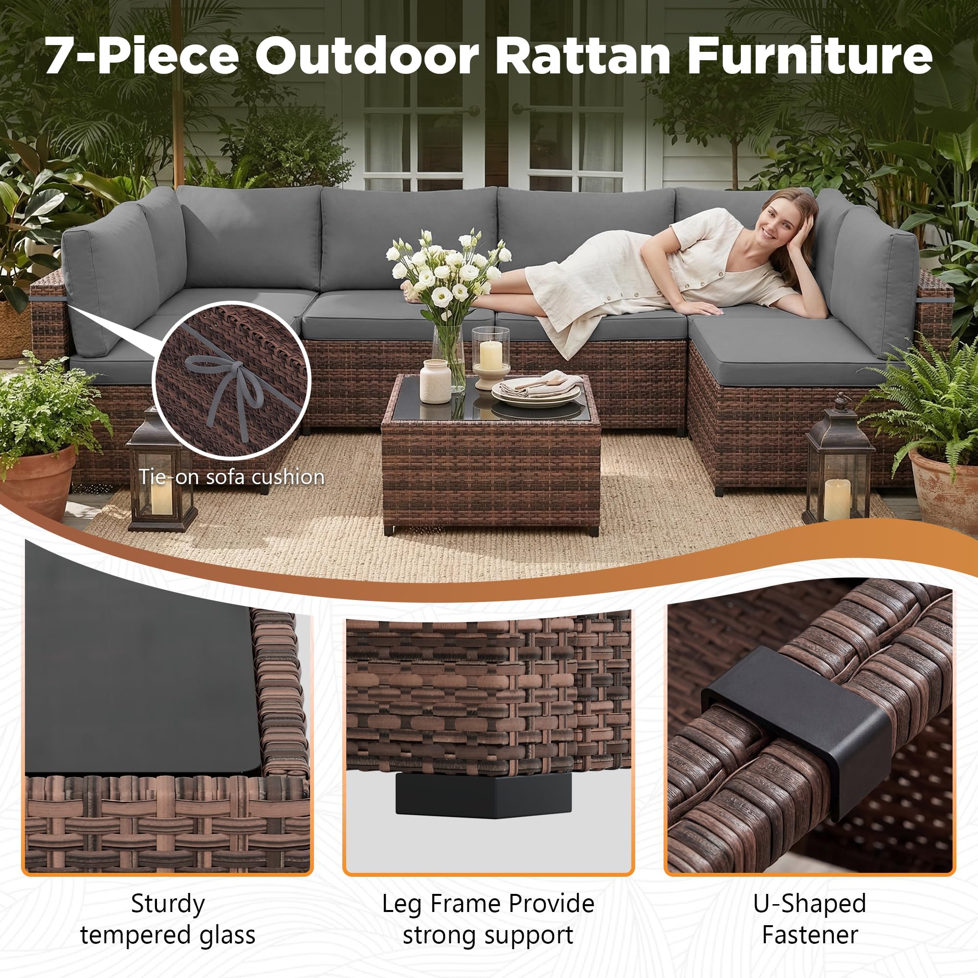 LHBcraft 7 Piece Patio Outdoor Furniture Set, Outdoor Sectional, All-Weather Manual Weaving PE Rattan Wicker Patio Sectional Sofa, Rattan Outside Furniture with Black Cushion and Glass Coffee Table