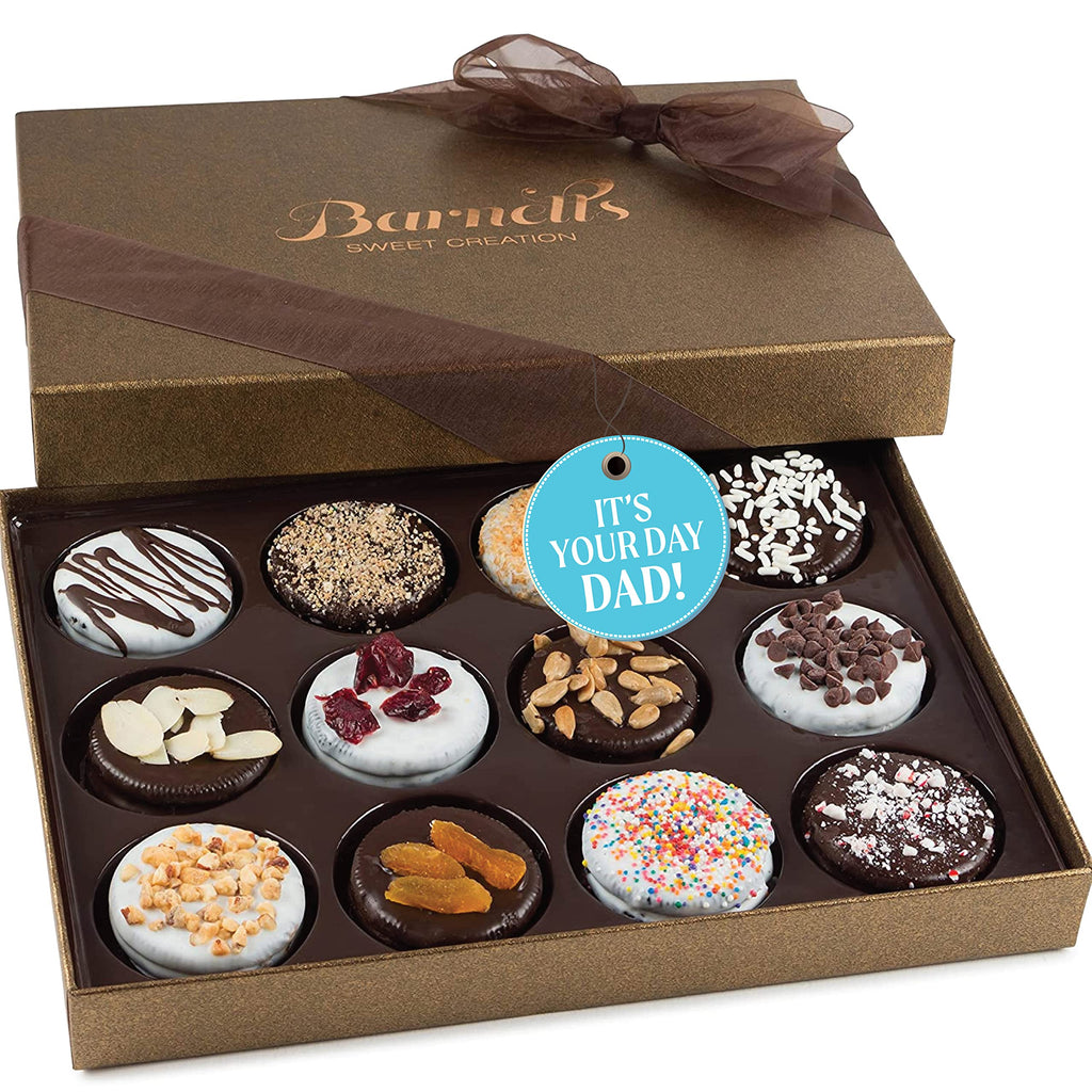 Barnetts Fathers Day Gift Basket, 12 Chocolate Covered Cookies Gourmet Candy Box Baskets for Dad, Men, Husband, Father, Grandfather, Son, Brother, Prime Food Delivery, Gifts for Him