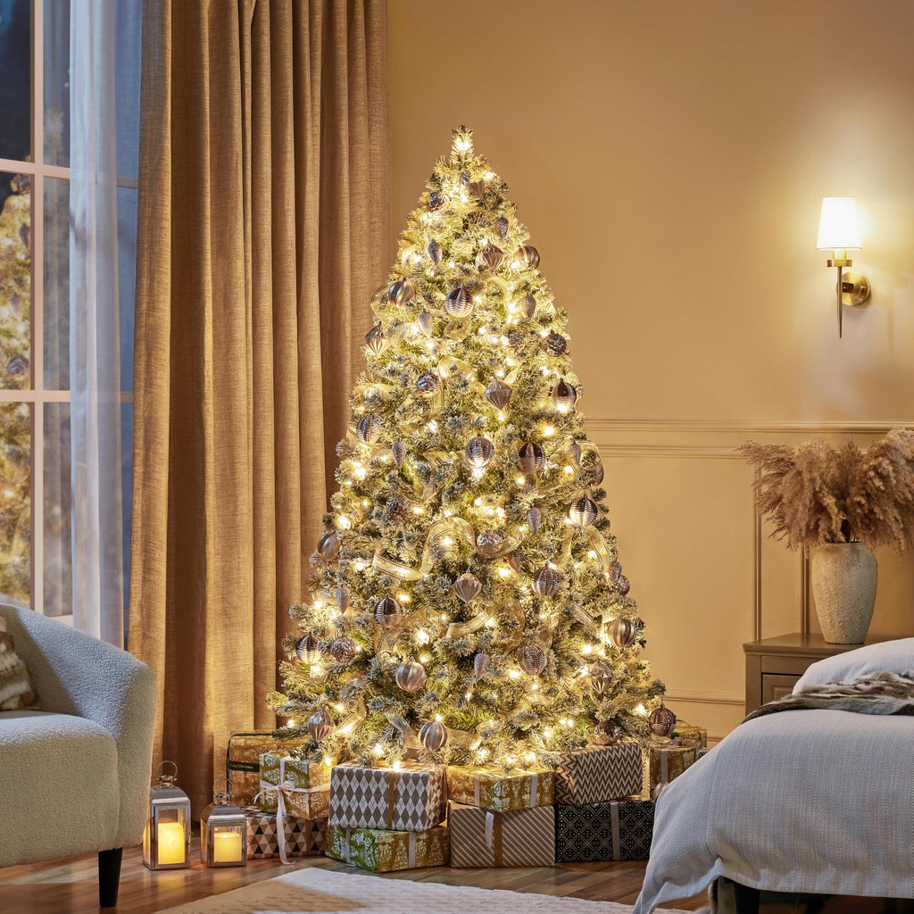 Yaheetech 6ft Snow Flocked Pre-lit Christmas Tree with 250 Warm White Lights, 820 Lush Branch Tips & Quick-Assembly Hinged Design, Full Artificial Xmas Tree for Winter Holiday Décor, Green & White
