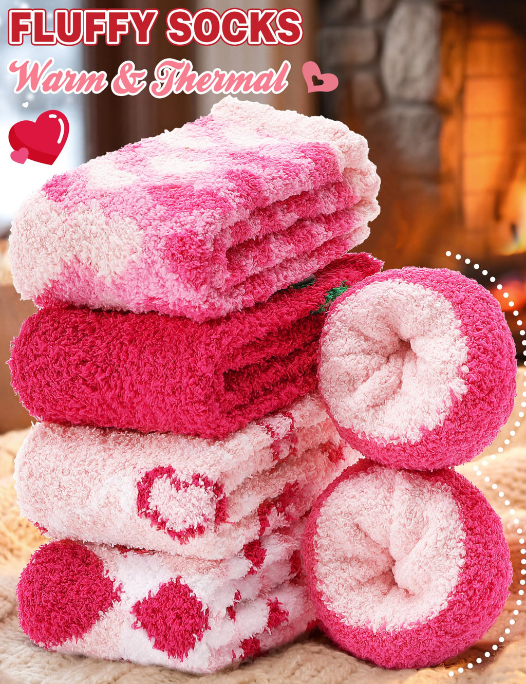 Womens Fuzzy Socks Warm Fluffy Cozy Winter Slipper Thick Fleece Heart Socks 5 Pairs