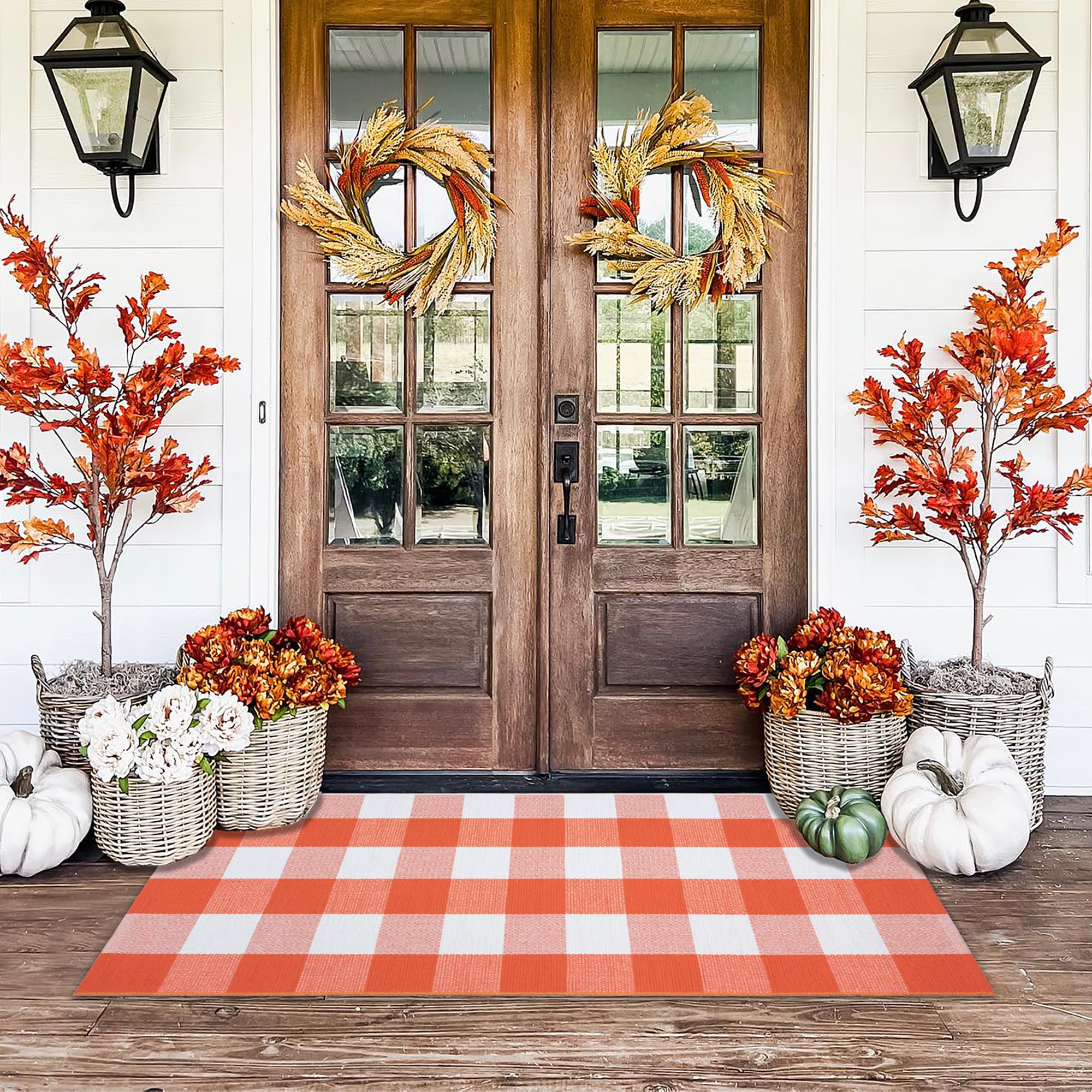 Orange and Black Plaid Rug, 28'' x 43'' Fall Outdoor Front Door Decor Mat, Cotton Washable Hand-Woven Rug for Layered Doormat, Autumn Halloween Thanksgiving Carpet for Porch, Entryway