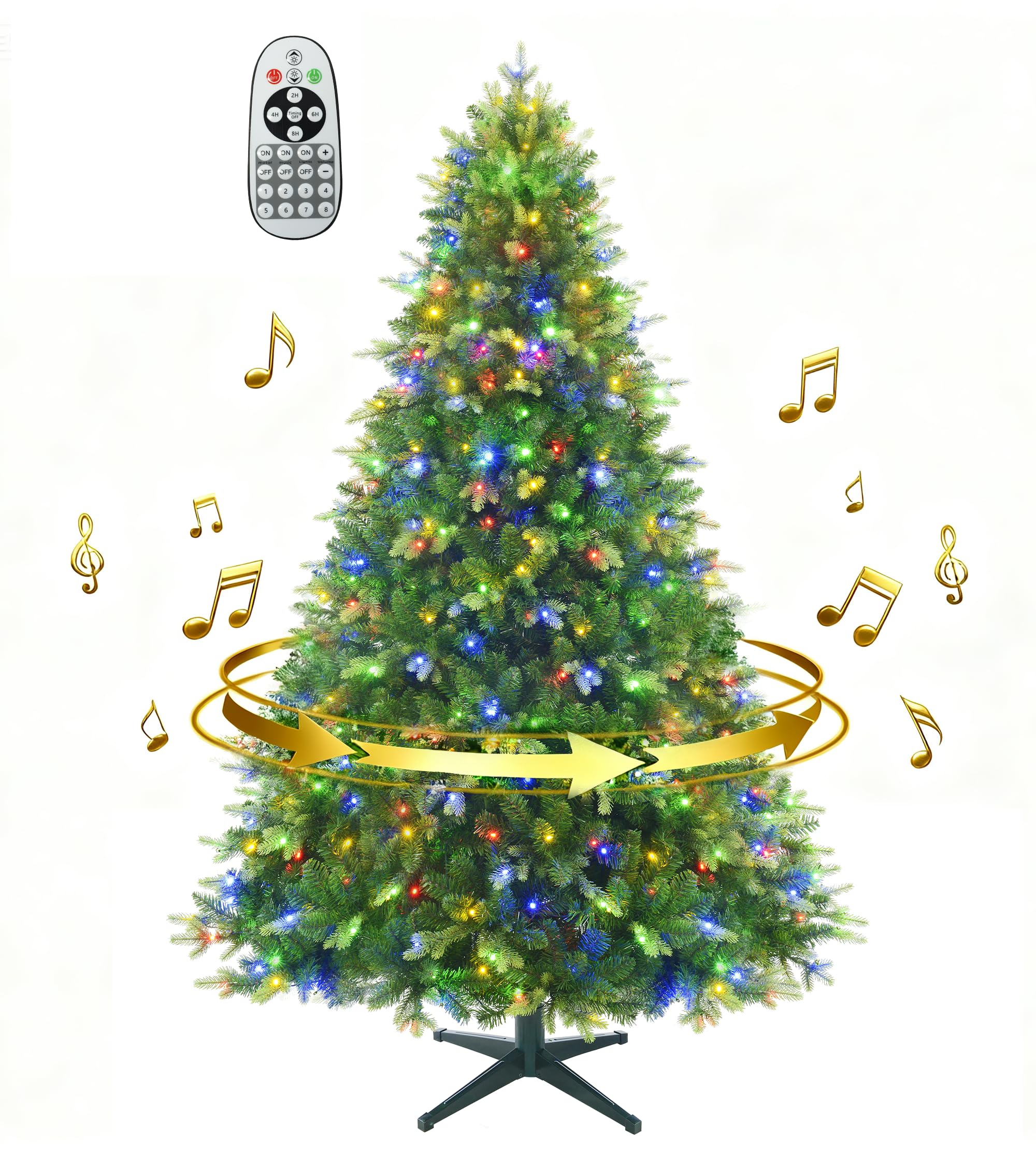 Pre-Lit Rotating Christmas Tree, 6.5FT Artificial for Home Decor | With Music,340 Warm White & Multi-color LED Lights,1036 PE+PVC Tip,Remote Control,Rotating Stand,8 Modes,Timed Design