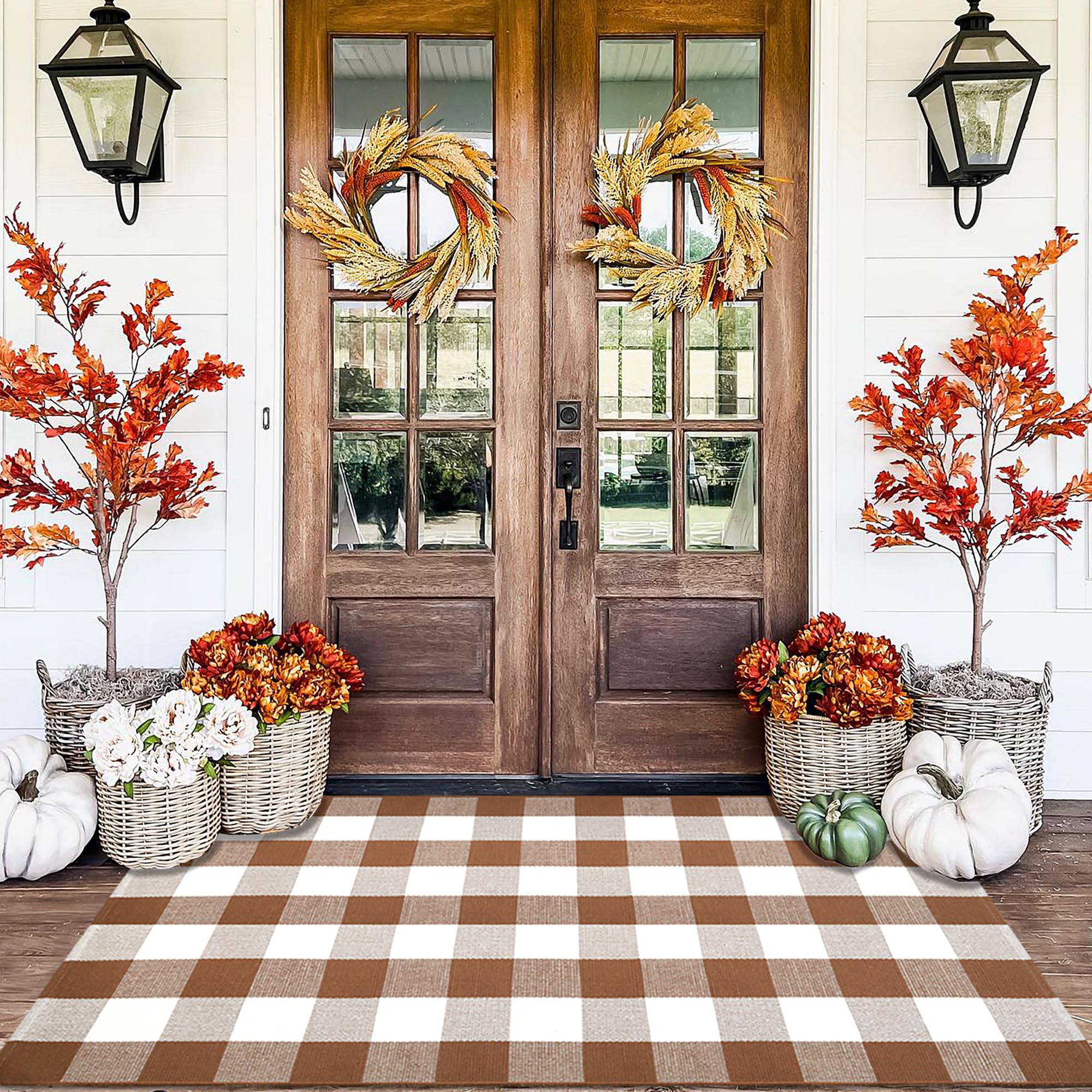 Orange and Black Plaid Rug, 28'' x 43'' Fall Outdoor Front Door Decor Mat, Cotton Washable Hand-Woven Rug for Layered Doormat, Autumn Halloween Thanksgiving Carpet for Porch, Entryway