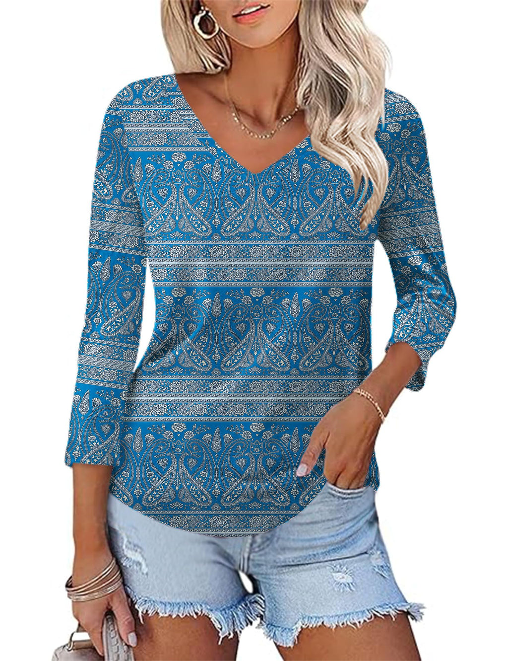 KTILG Women's V Neck T Shirts 3/4 Sleeve Blouse Summer Tops Dressy Casual Solid Basic Tees