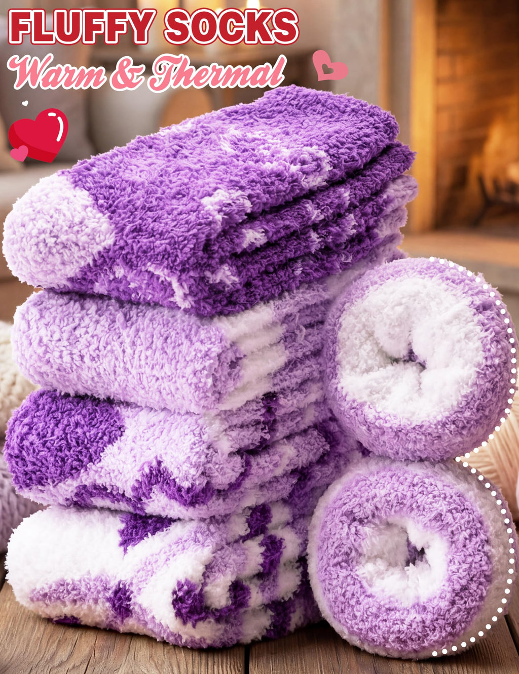 Womens Fuzzy Socks Warm Fluffy Cozy Winter Slipper Thick Fleece Heart Socks 5 Pairs