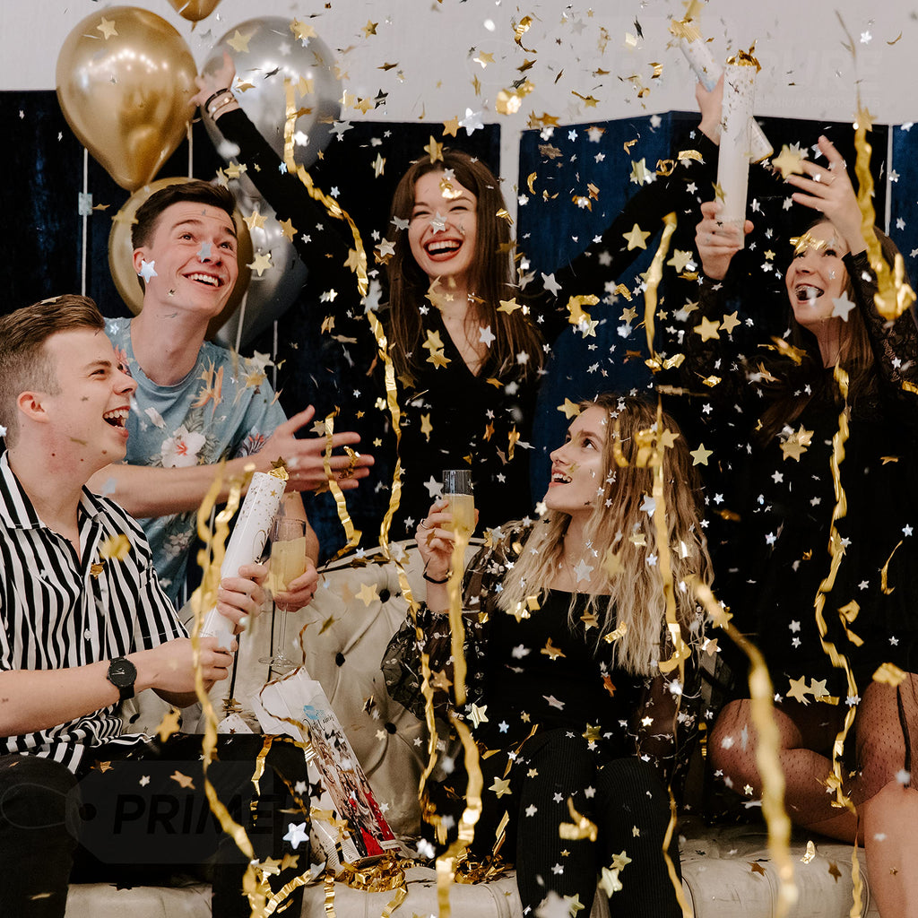 PrimePure Confetti Cannon Party Poppers - Gold Star Confetti Poppers - 2 Pack - Make It Rain Gold Glitter Stars Party Cannons Pop Gun for Birthday, Wedding, Graduation, Celebration, Events, Pranks