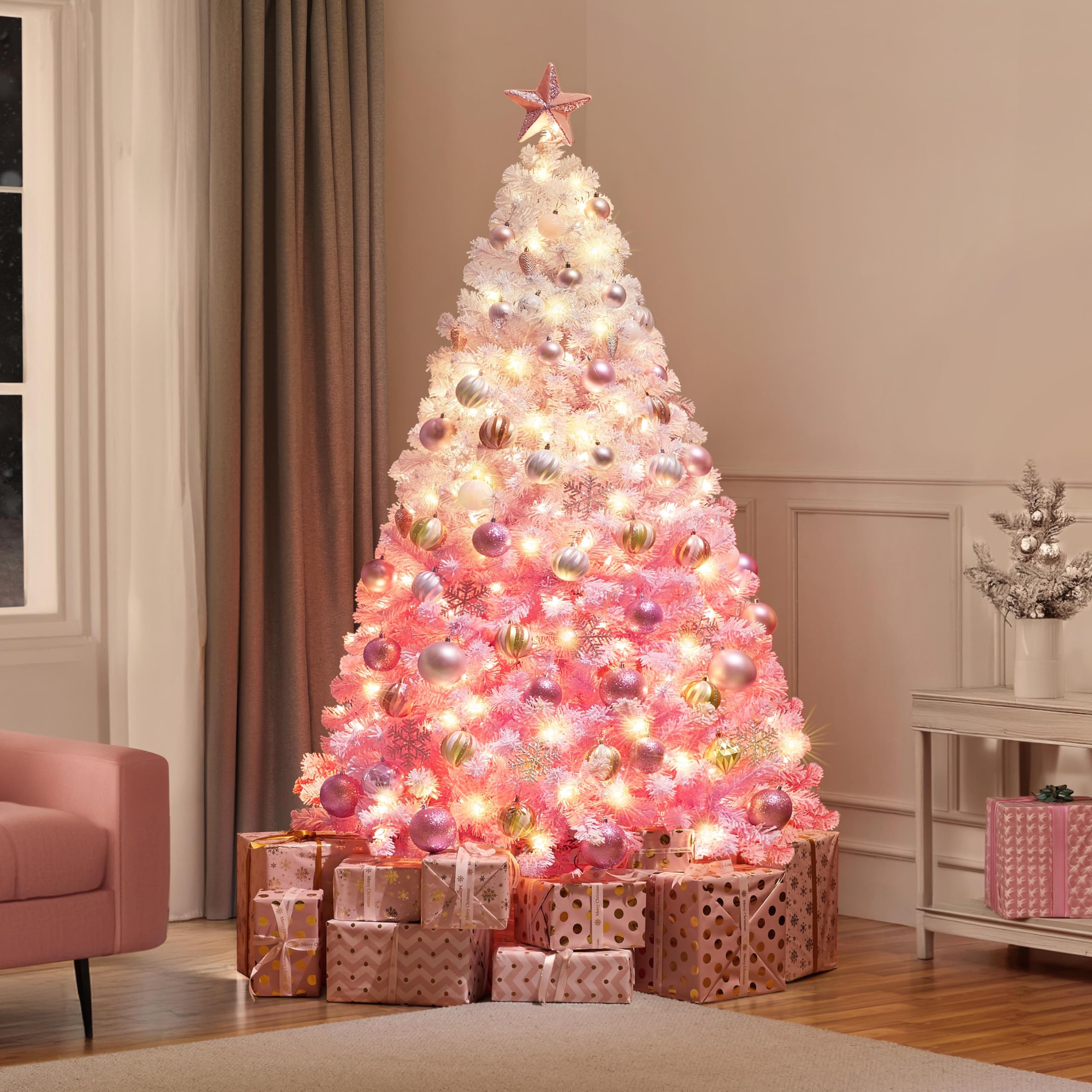 Yaheetech 6ft Snow Flocked Pre-lit Christmas Tree with 250 Warm White Lights, 820 Lush Branch Tips & Quick-Assembly Hinged Design, Full Artificial Xmas Tree for Winter Holiday Décor, Green & White