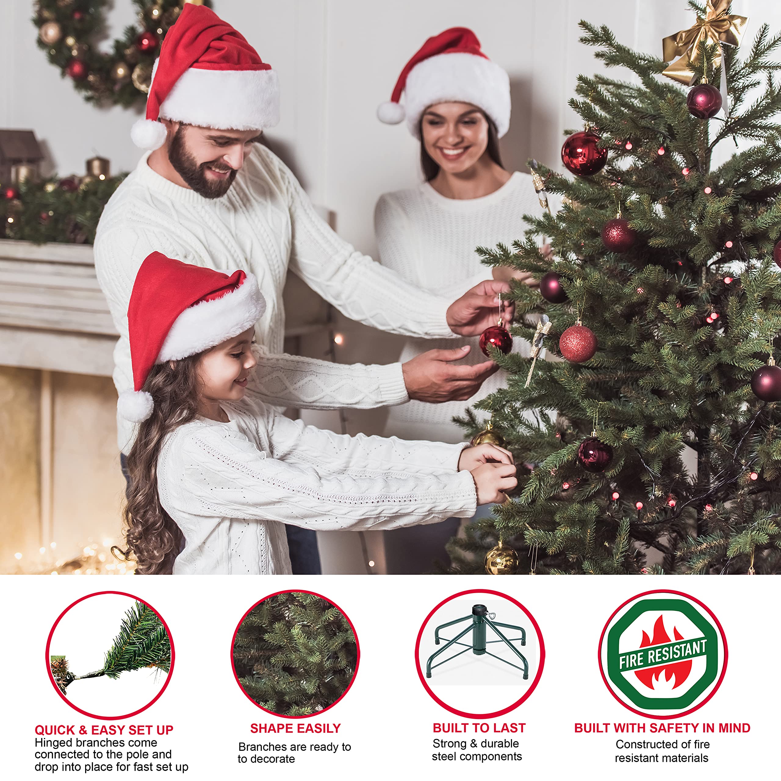 Puleo International 7.5ft Pre-Lit Aspen Fir Artificial Christmas Tree with 700 Clear Lights, 1319 Realistic Dense Branch Tips, Easy Setup Artificial Trees with Sturdy Metal Stand